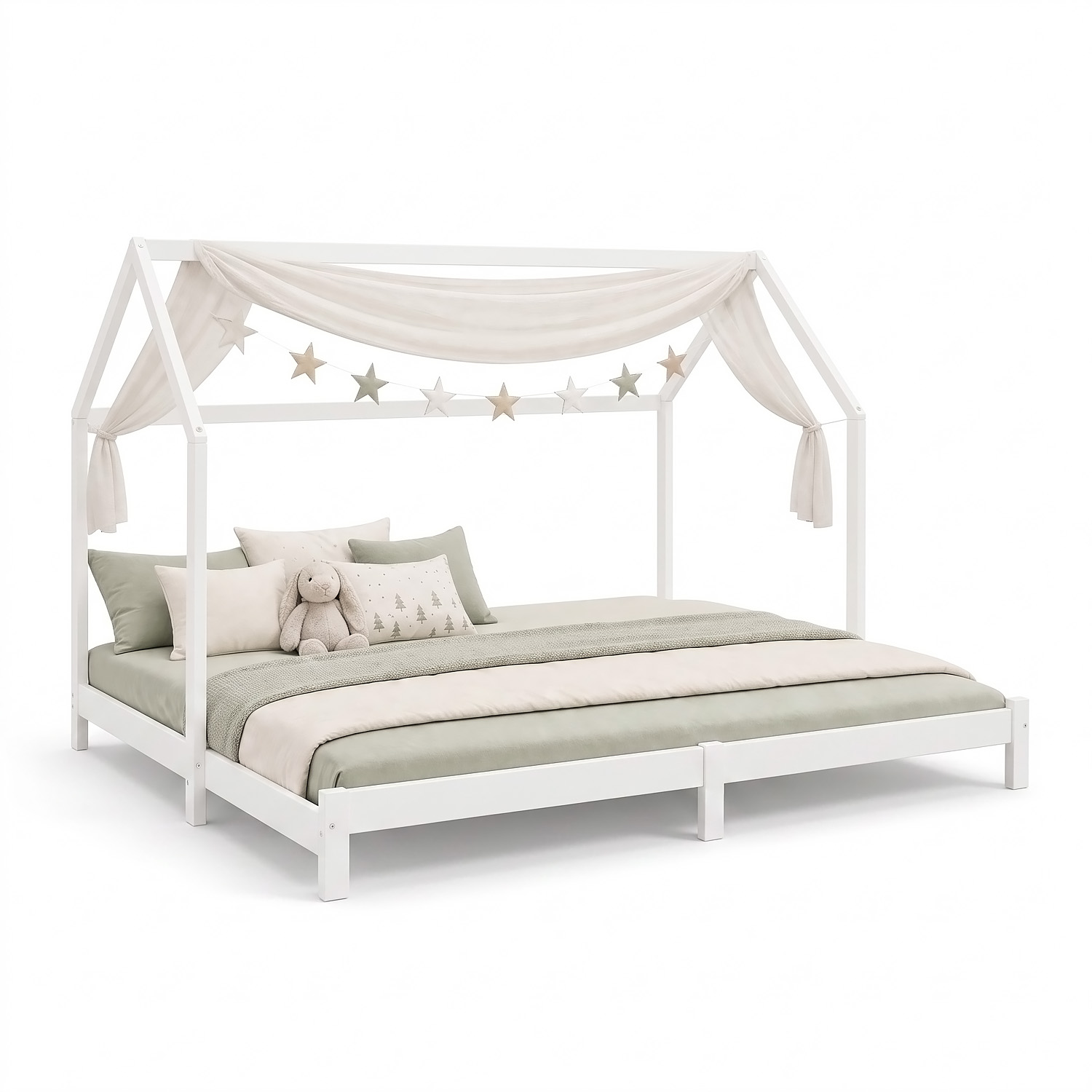 Children's Bed with Pull Out Bed 2 Mattresses 90x200 cm House Bed Treehouse Bed Children's Single Bed Wooden Frame White Trundle Bed Slats