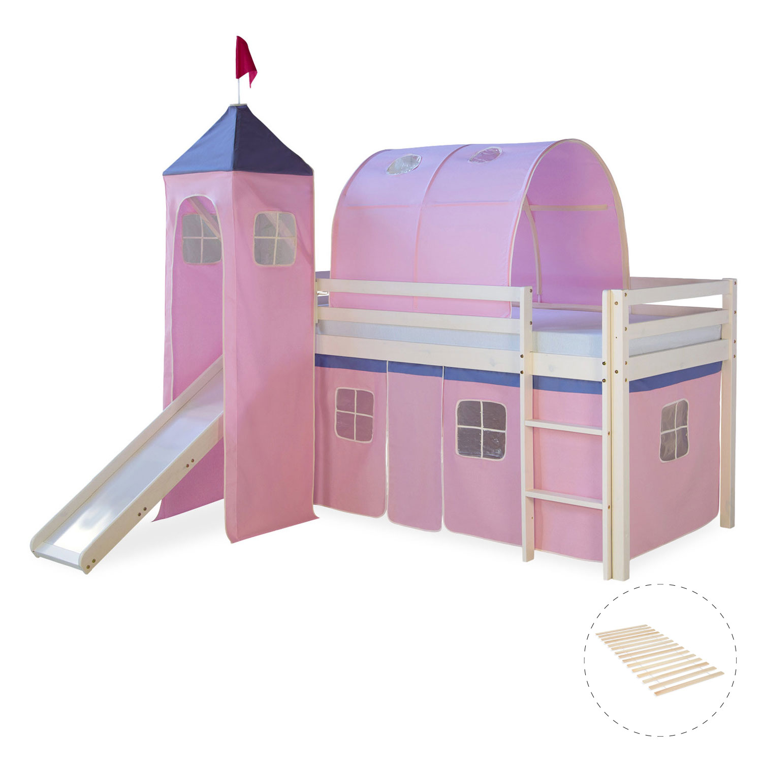 Loftbed with Slide 90x200 cm Tower Tunnel Slats Bunk bed Childrens bed Solid Pine Wood Curtain Pink