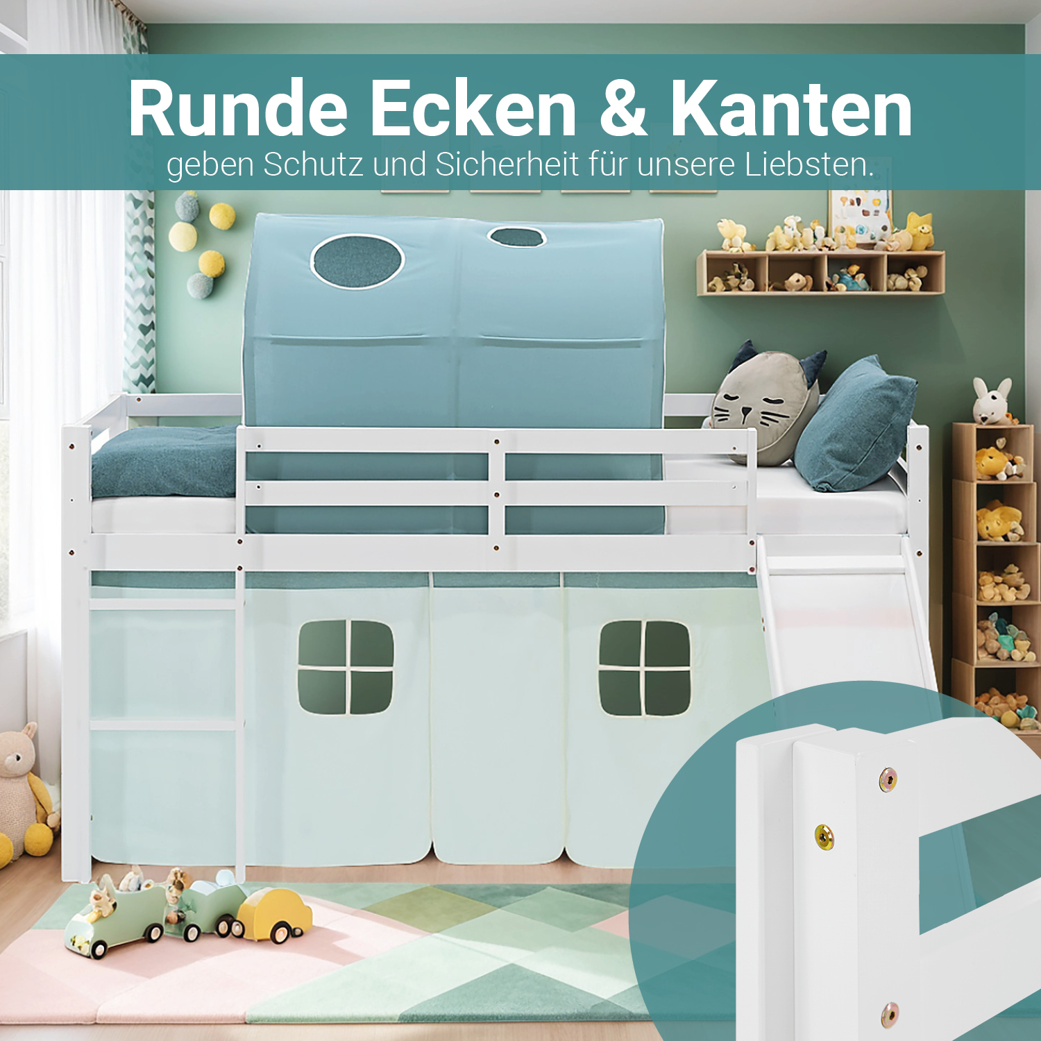 Loft Bed for Kids 90x200 cm White with Curtain & Tunnel in Mint Green | Slide | with Slatted Frame and Mattress