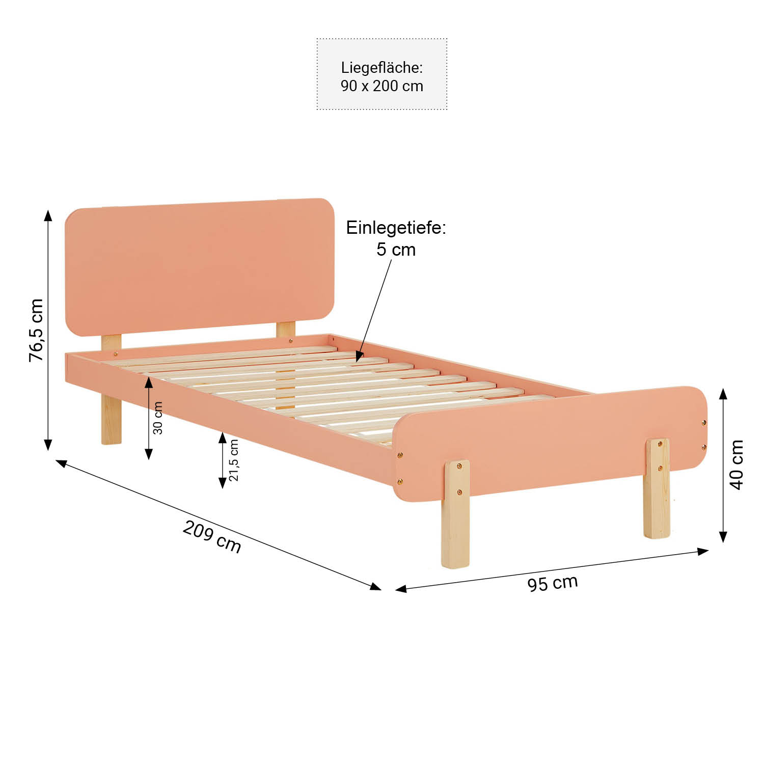 Wood Bed 90x200 cm Red Natural | Retro Bed | Single Bed | with Slatted Frame | Kids Youth Guest Bedroom Single bed 90x200 cm Red with Mattress Wooden Bed frame Kids bed Childrens bed Guest bed Slatted frame