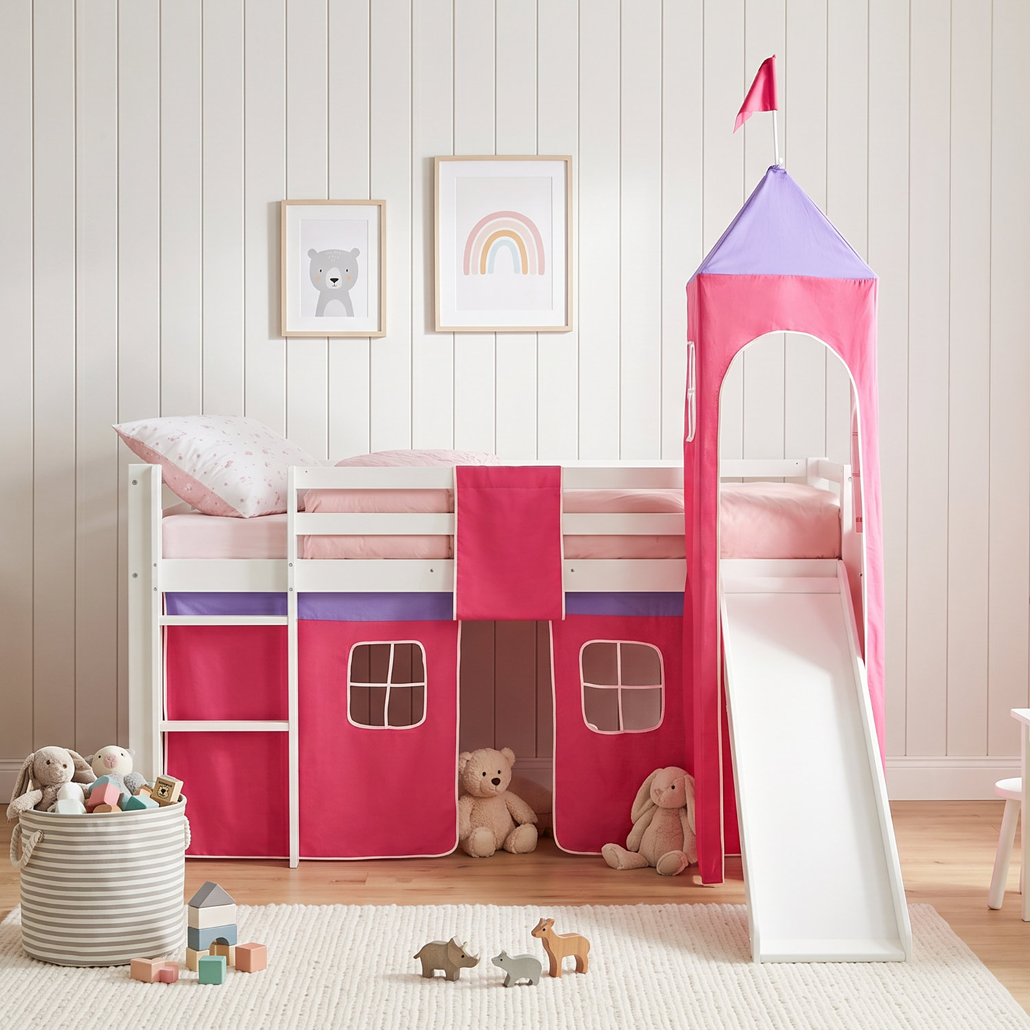 Children's Loft Bed 90x200 cm White with Pink Curtain | Tower | Slide | Without Slatted Base