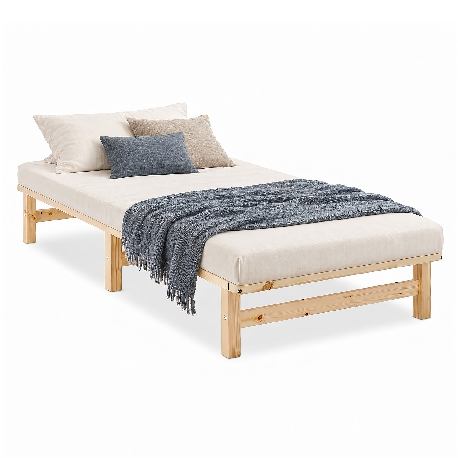 90x200 cm Natural Wooden Pallet Bed – Single Wooden Bed with Mattress & Slatted Base for Teen Rooms, Guest Rooms, and Bedrooms