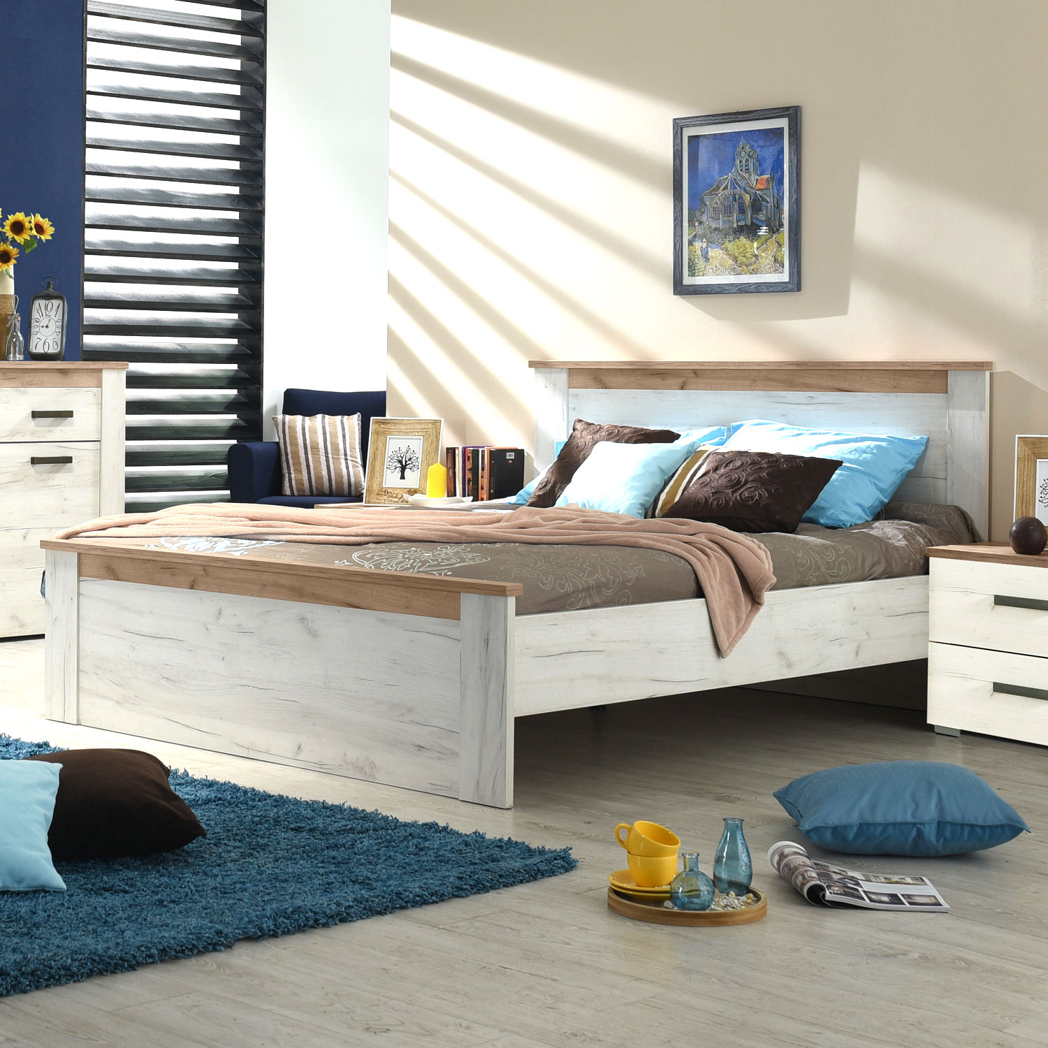 Wooden Double Queen Size Bed Frame 160x200 cm with Slats Oak White Grey Vintage