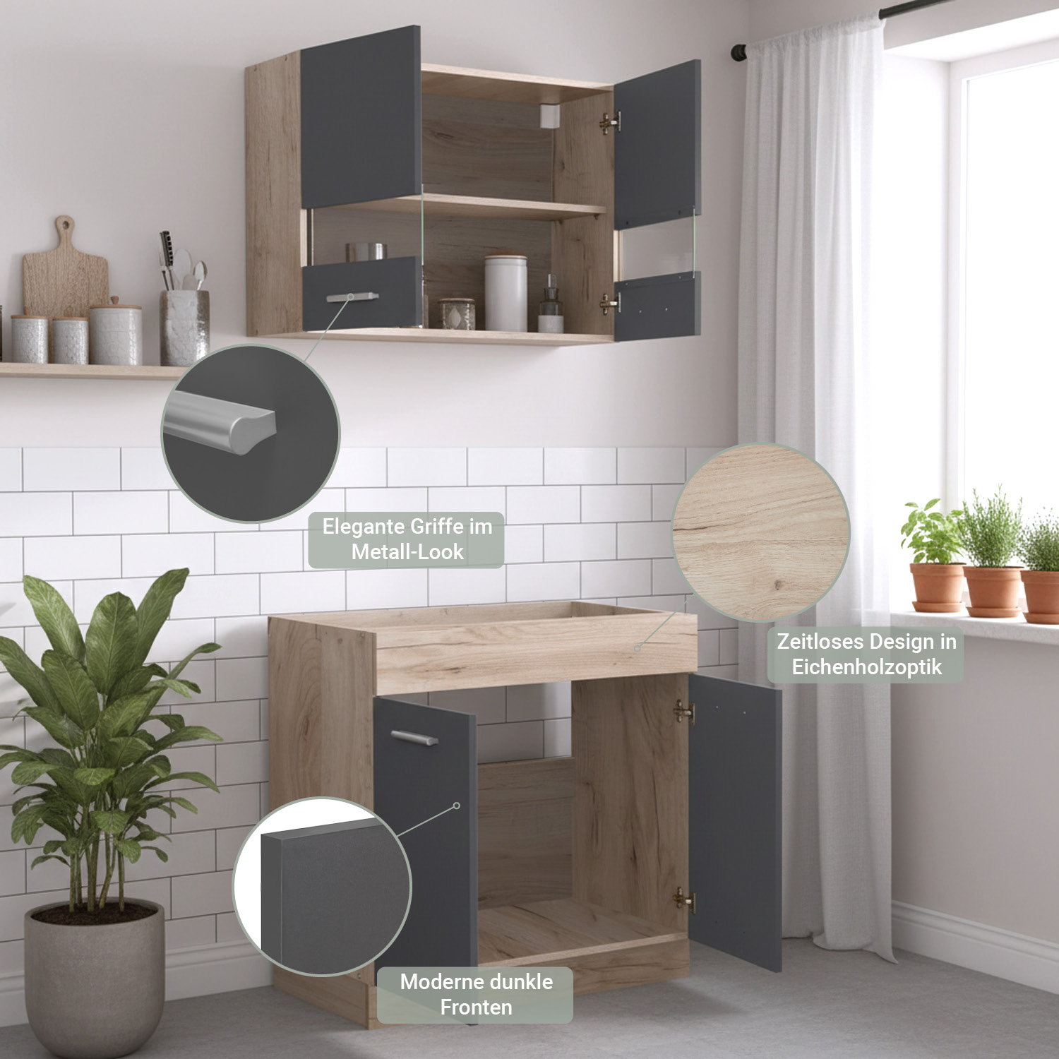 80 cm Kitchen Unit Grey & Oak – Mini Kitchen with Cabinet Elements, Without Sink and Appliances
