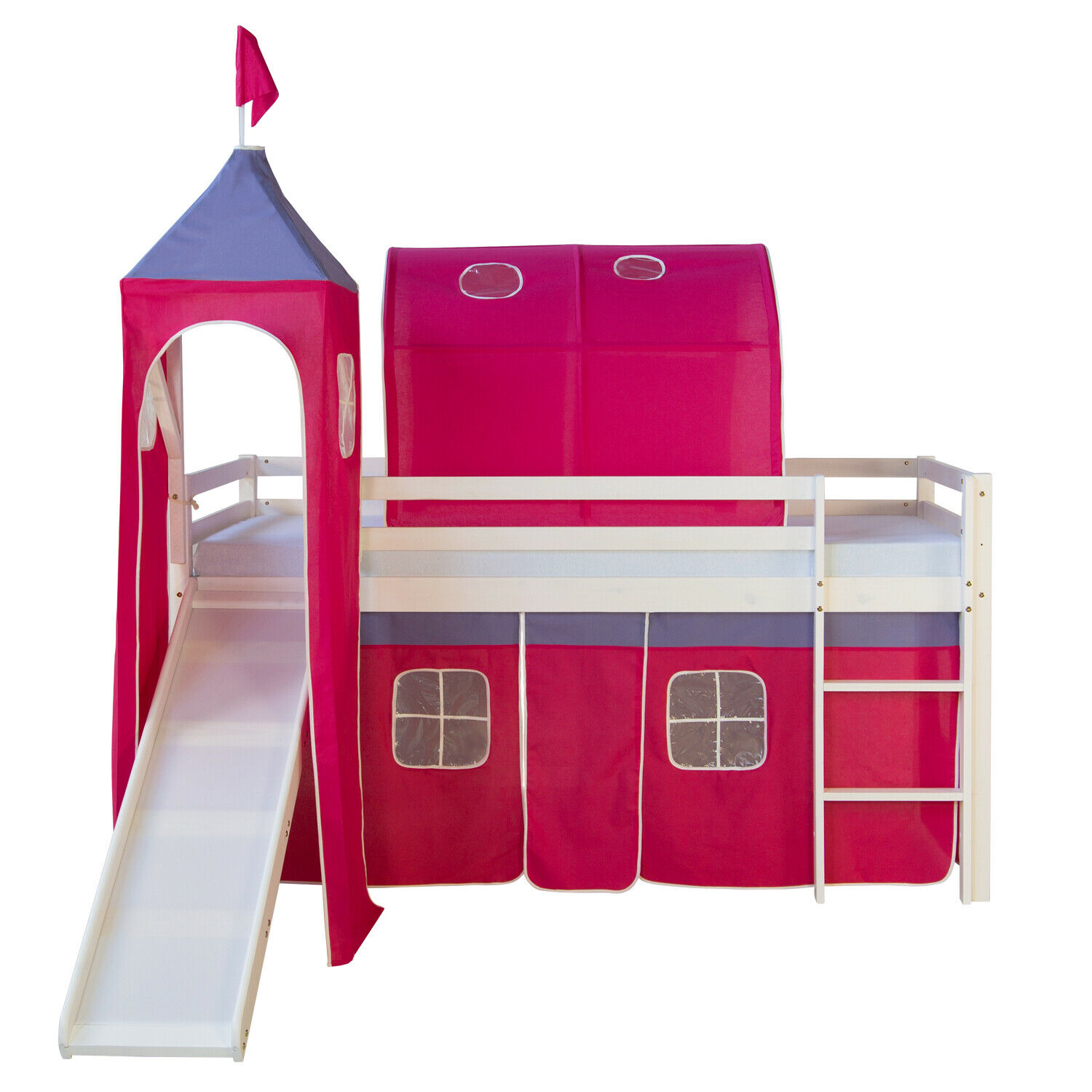 Loft Bed Kids 90x200 cm White with Curtain in Pink | Tunnel | Tower | Slide | without Slatted Frame