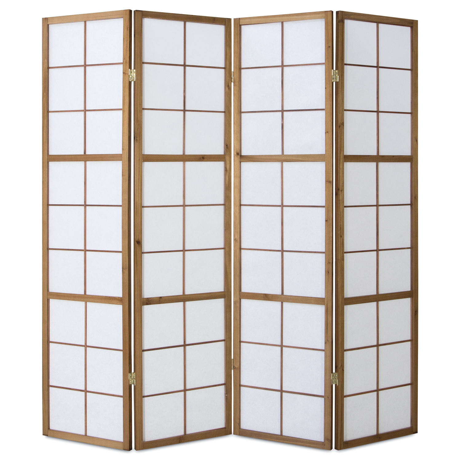 Four-panel Shoji screen with natural wood frame and wide grid layout ? traditional Japanese room divider with translucent rice paper, ideal for living rooms, bedrooms, or calm workspaces in minimalist interiors.