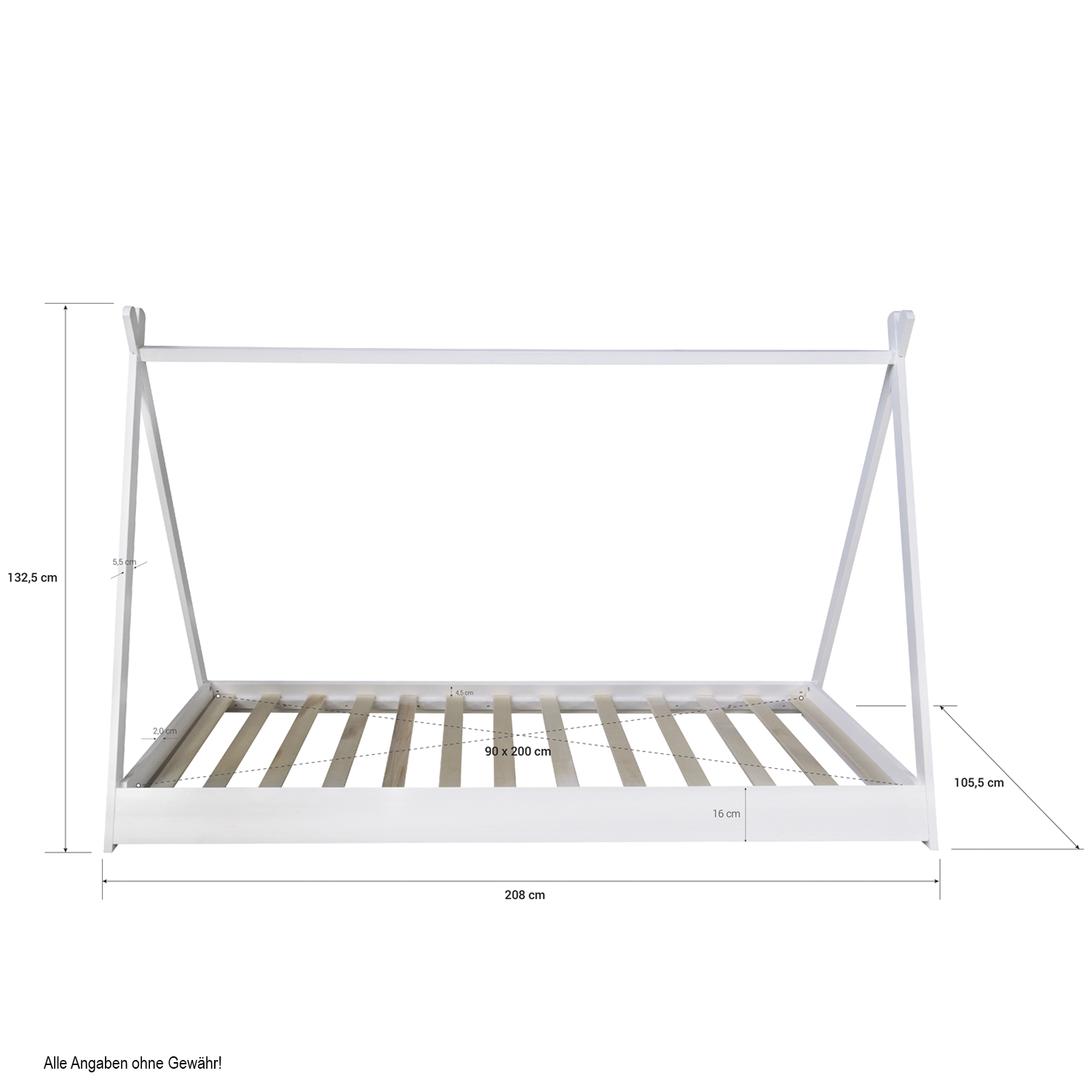 Children's Bed 90x200 cm White Gray Fabric | Tent Bed | Single Bed | with Slatted Frame | Wood