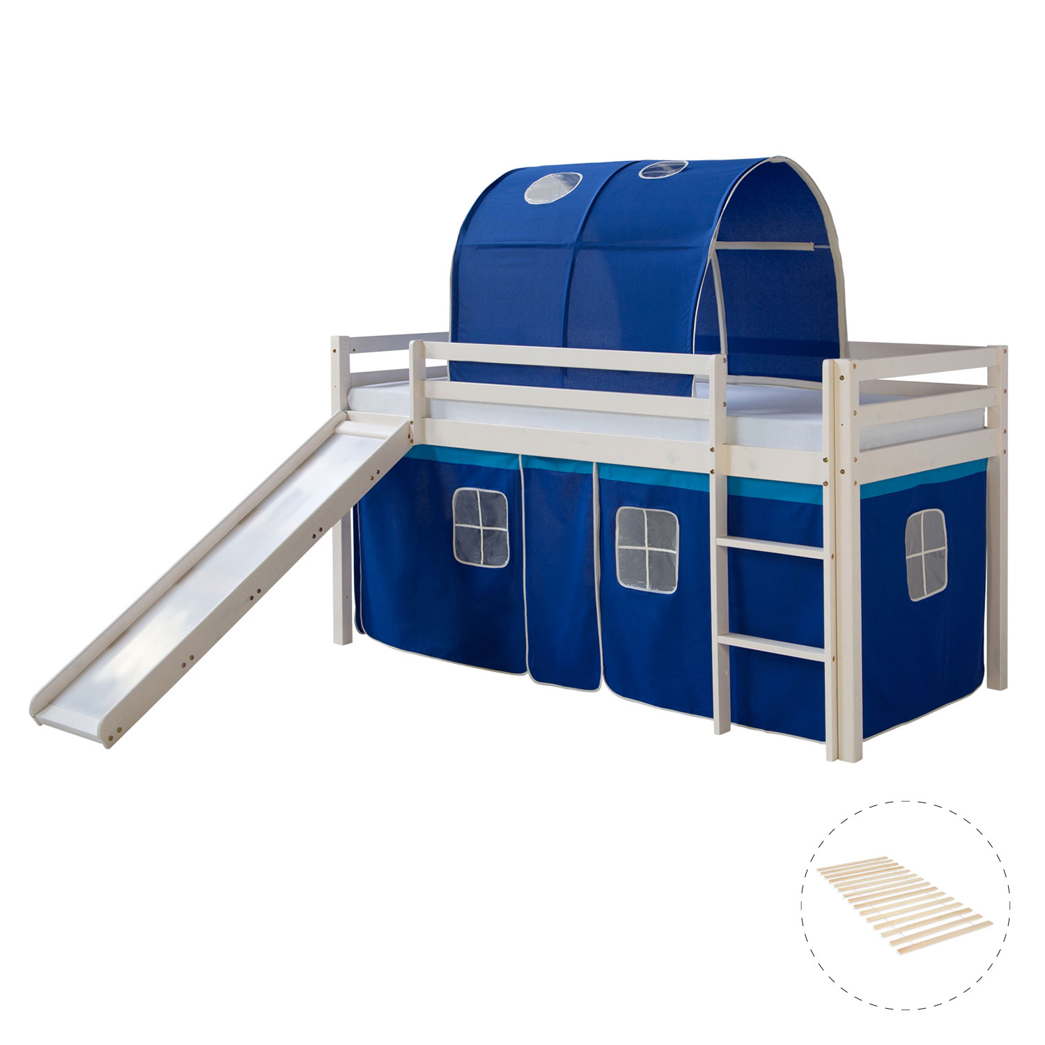 Loft Bed Kids 90x200 cm White with Curtain in Blue | Tunnel | Slide | with Slatted Frame