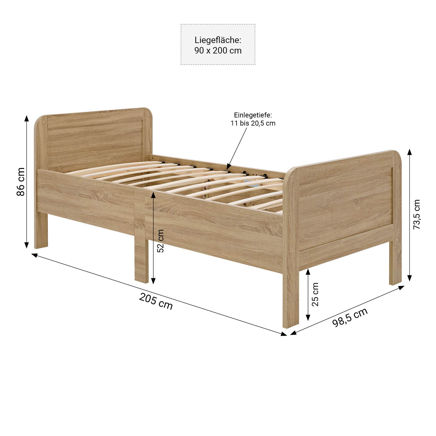 Comfort Bed 90x200 cm Natural | Senior Bed Height Adjustable with Slatted Frame | Single Bed | Wood