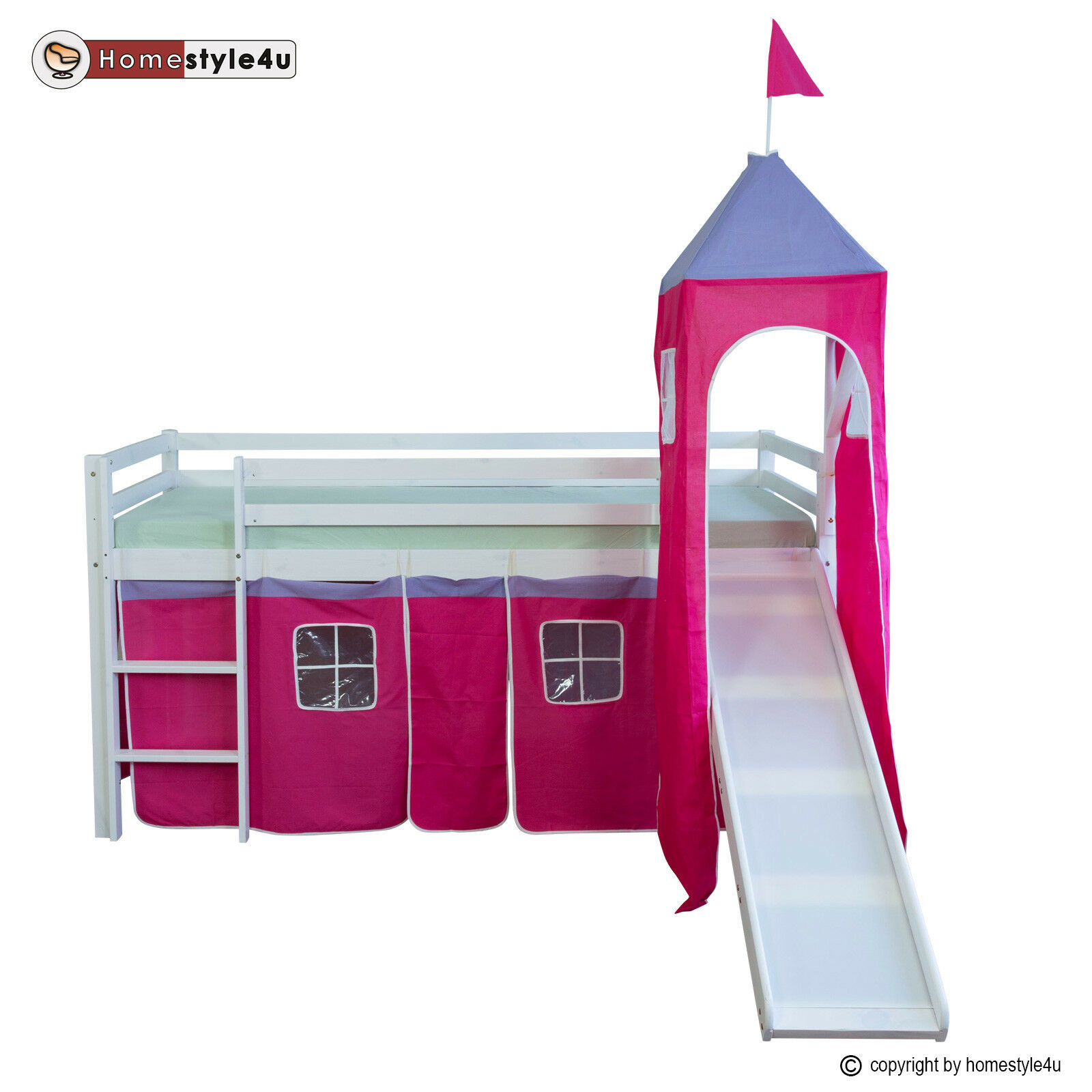 Loft Bed Kids 90x200 cm White with Curtain in Pink | Tower | Slide | without Slatted Frame Loft Bed Kids 90x200 cm White with Curtain in Pink | Tower | Slide | without Slatted Frame