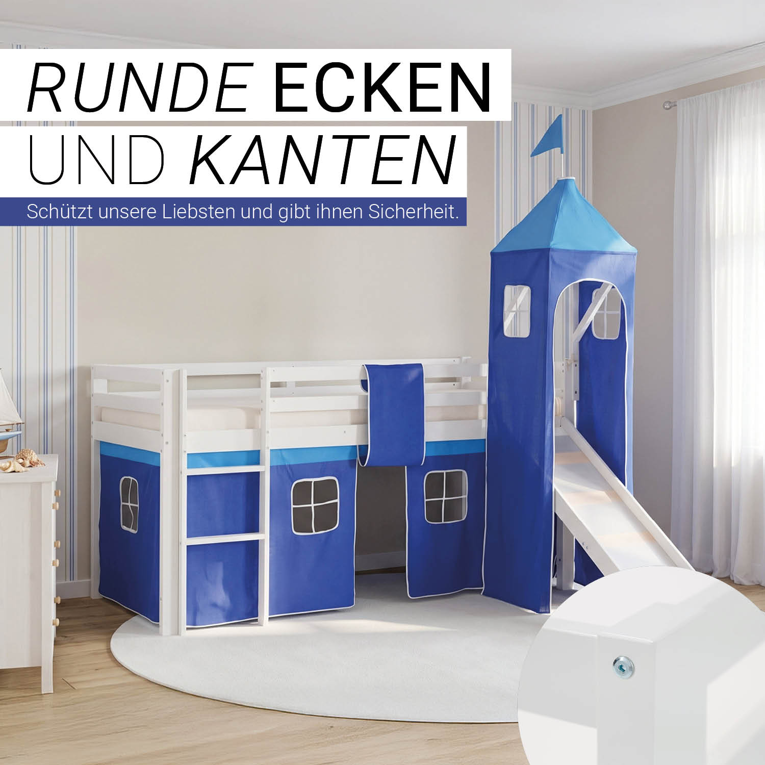 Children's Loft Bed 90x200 cm White with Blue Curtain | Tower | Slide | Without Slatted Base | For Boys