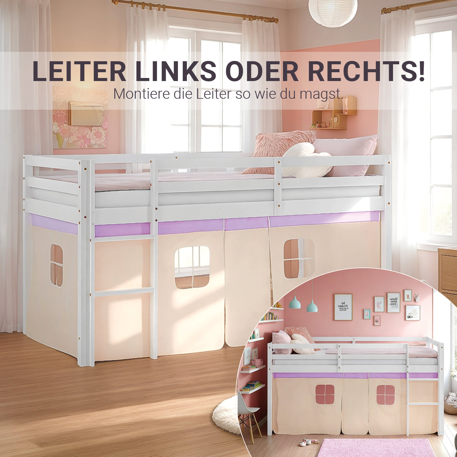 Hochbett Kinder 90x200 cm Kinderbett Kinderhochbett Stockbett Tunnel Vorhang Turm Lila Beige Rutsche Holz Massiv Lattenrost Matratze