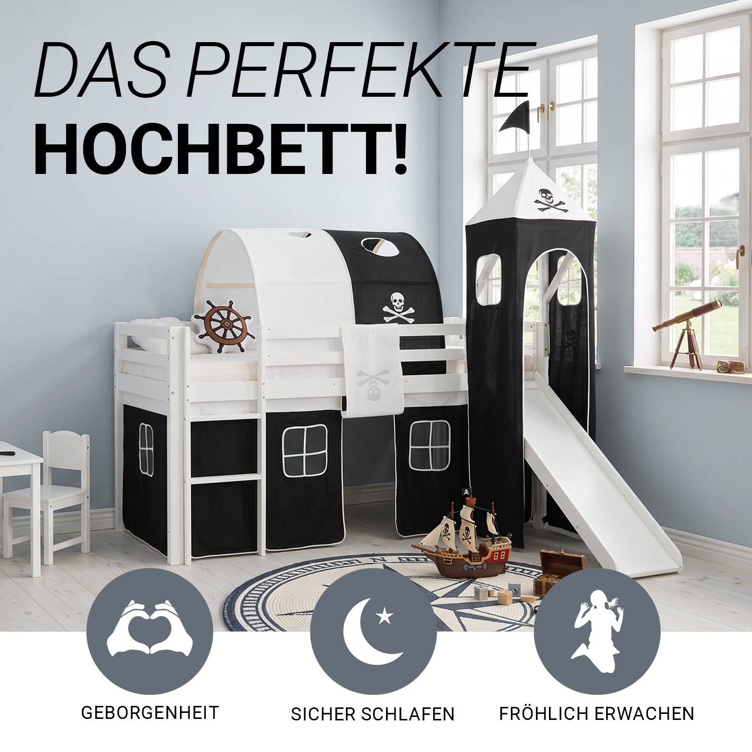 Children's Loft Bed 90x200 cm White with Black Curtain | Tunnel | Tower | Slide | With Slatted Base | Pirate | Boy