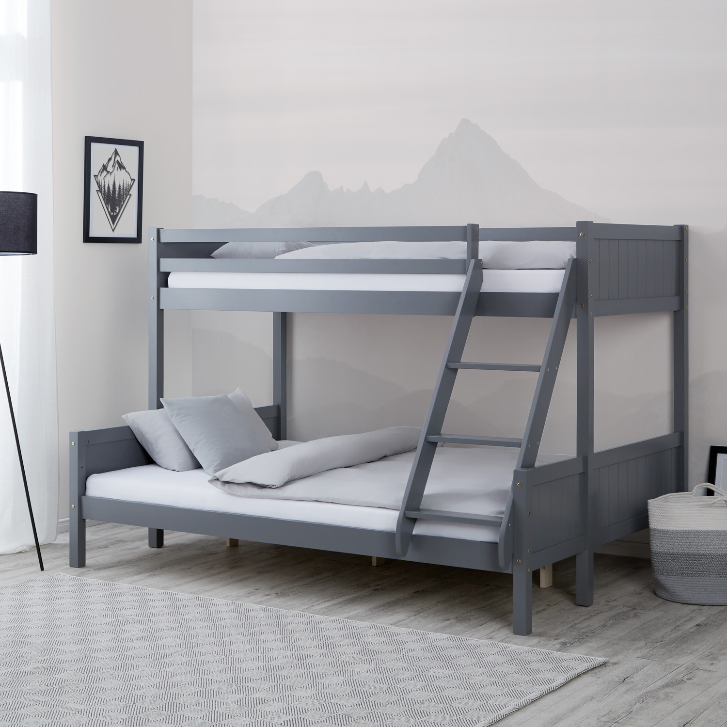 Bunk Bed with 2 Mattresses 90x200 and 140x200 cm Kids Bed Grey Wood Cabin Bed High Sleeper Bed Loft Bed Childrens Bed Twin Bed
