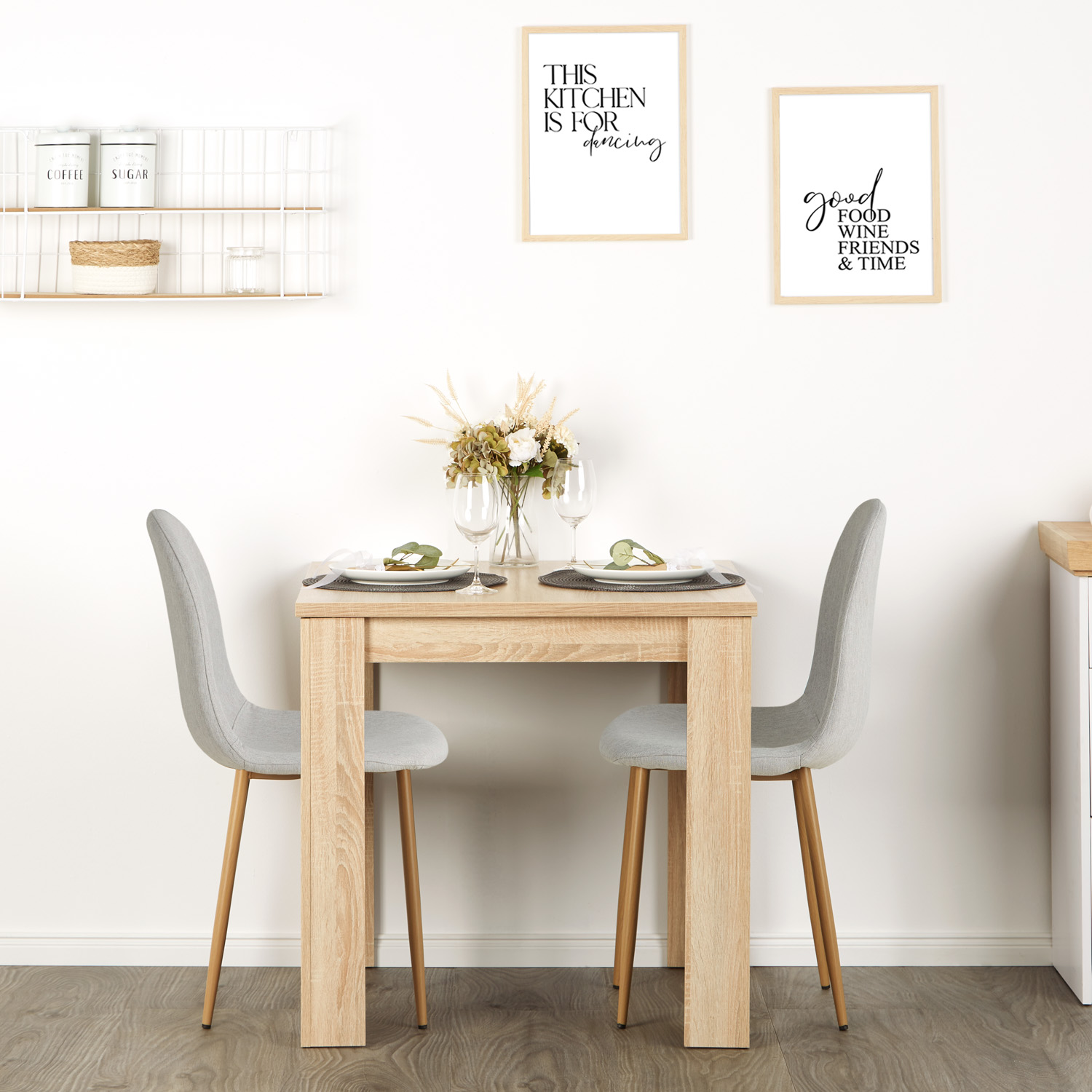 Essgruppe 2er-Set Esstisch Eiche 80x80 cm mit 2 Stühlen lichtgrau – skandinavisch & platzsparend
