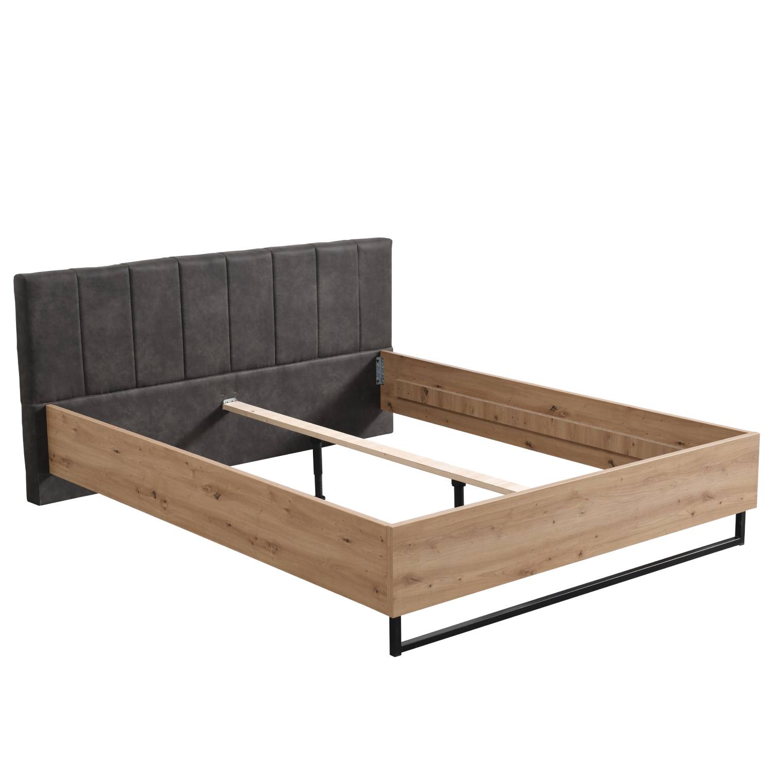 Wooden bed with upholstered headboard 180x200 cm oak und grey | with slatted frame | double fabric bed | industrial style