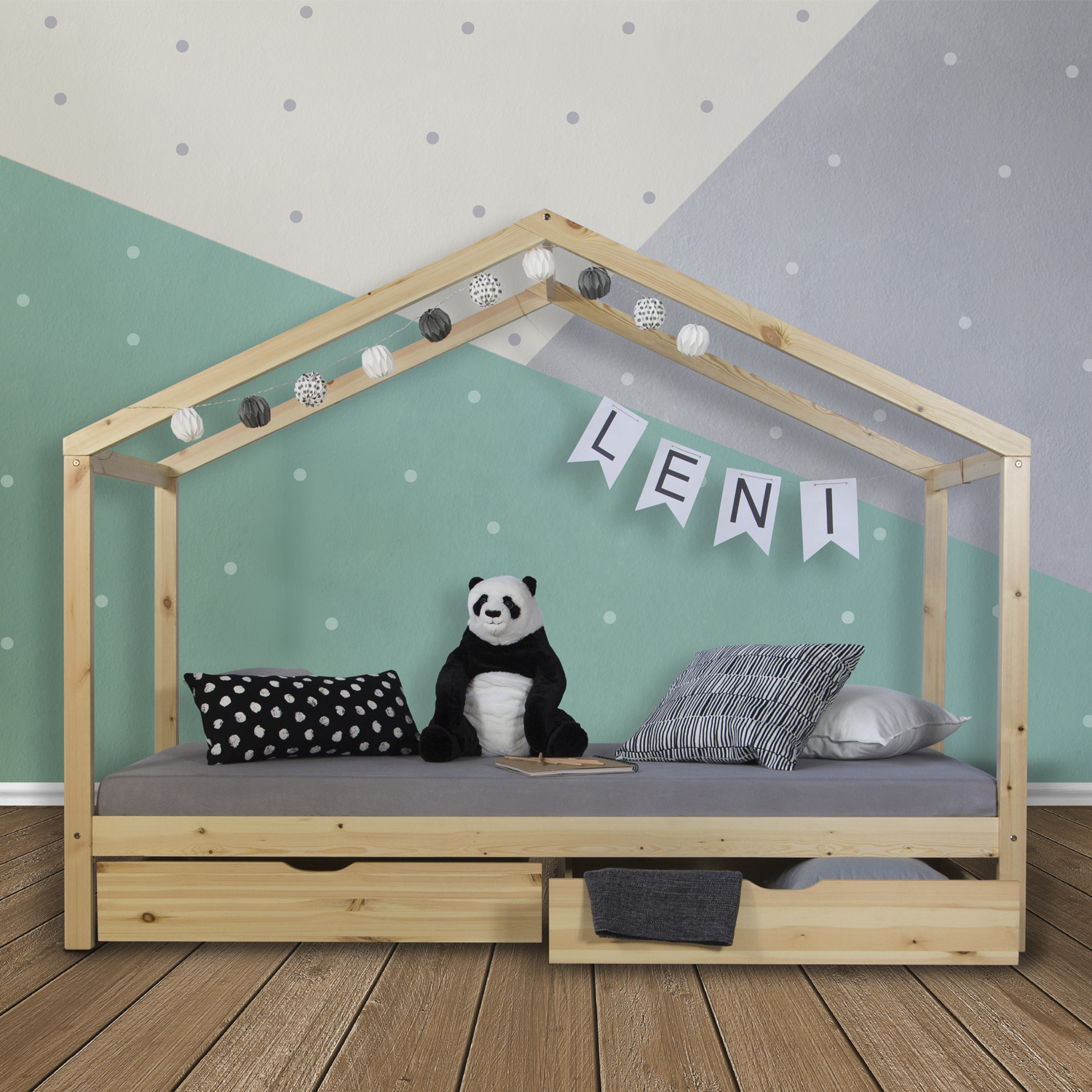 Cot House Bed 90x200 Children's House Play Bed Wooden Bed Bed Drawer Nature White Grey