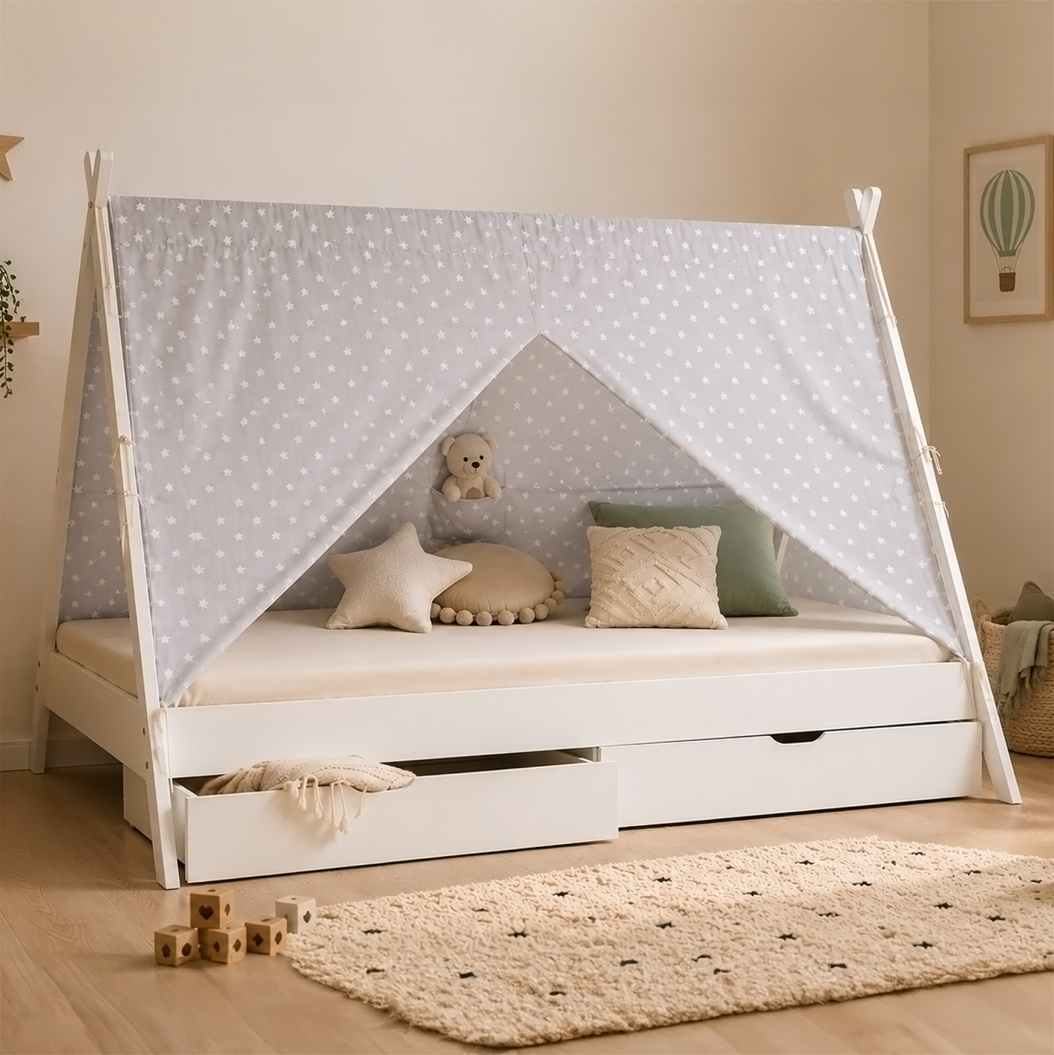 Children's Bed 90x200 cm White Gray Fabric | Tent Bed with Drawers | Single Bed | with Slatted Frame | Wood
