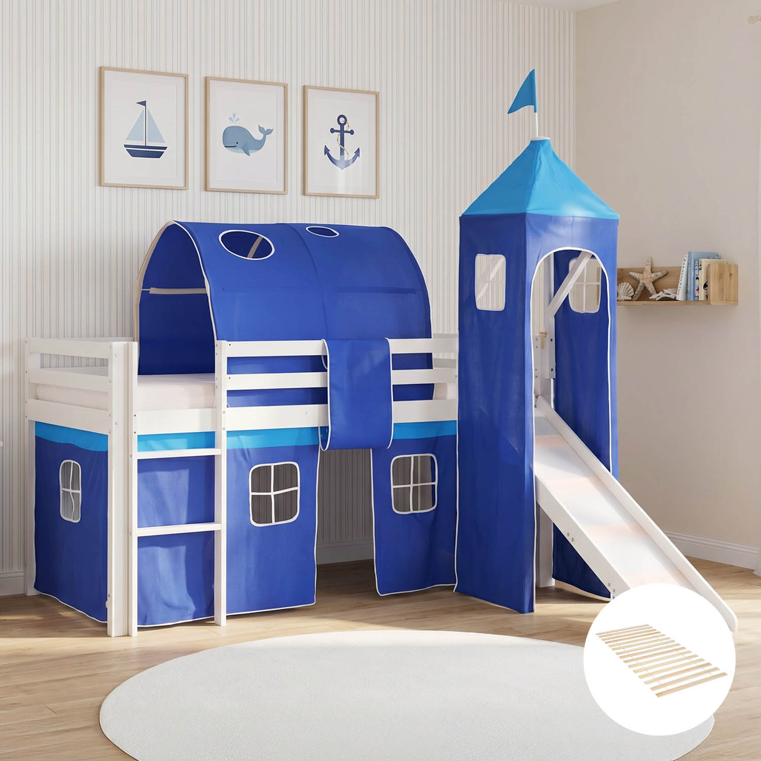 Children's Loft Bed 90x200 cm White with Blue Curtain | Tunnel | Tower | Slide | with Slatted Base