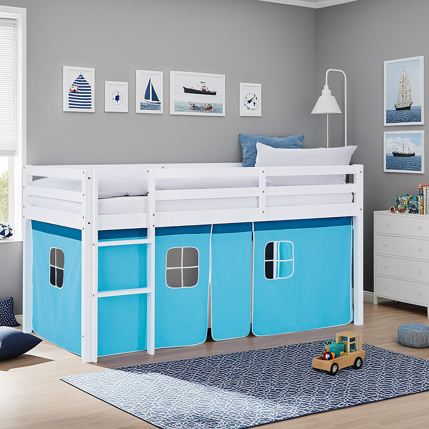 Hochbett Kinder 90x200 cm Kinderbett Kinderhochbett Stockbett Tunnel Vorhang Turm Blau Rutsche Holz Massiv Lattenrost Matratze