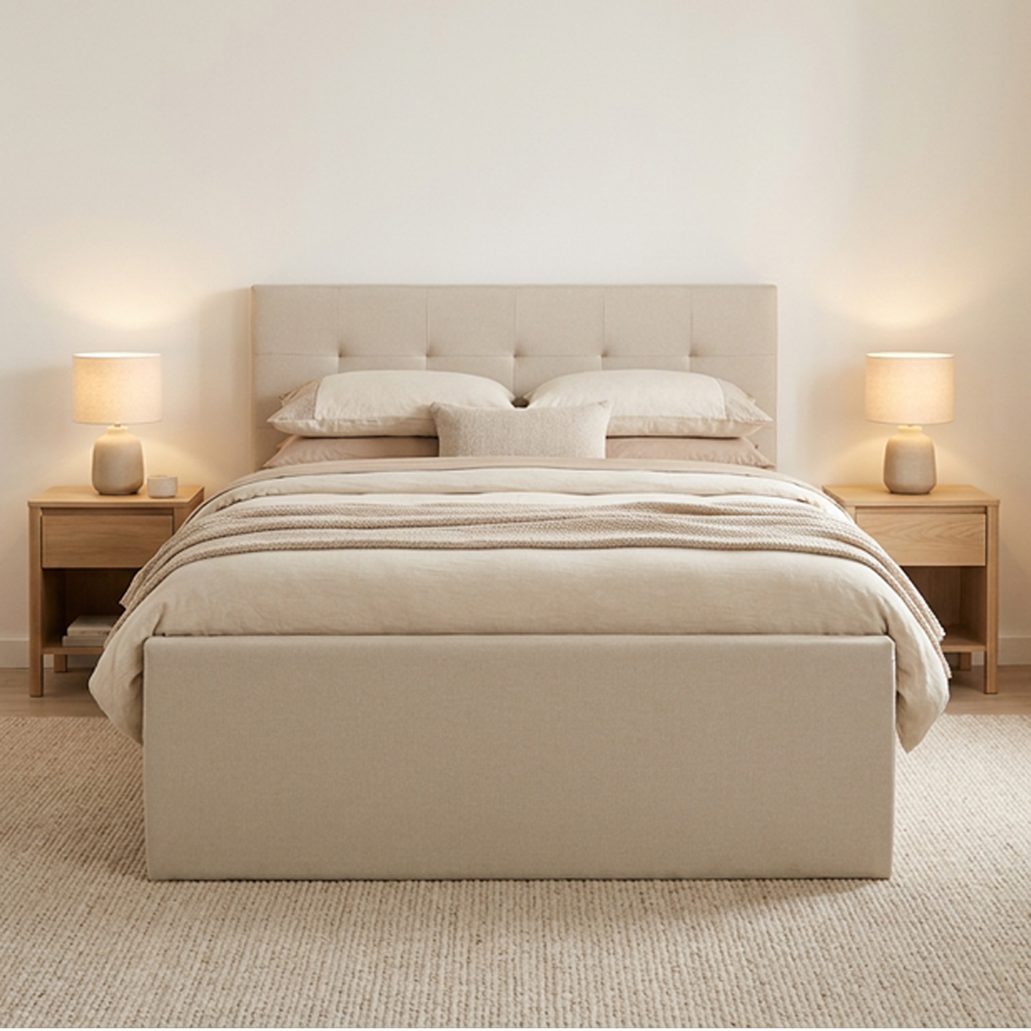 Upholstered bed 140x200 cm beige | with slatted frame | with 2 bed drawers | double fabric bed frame