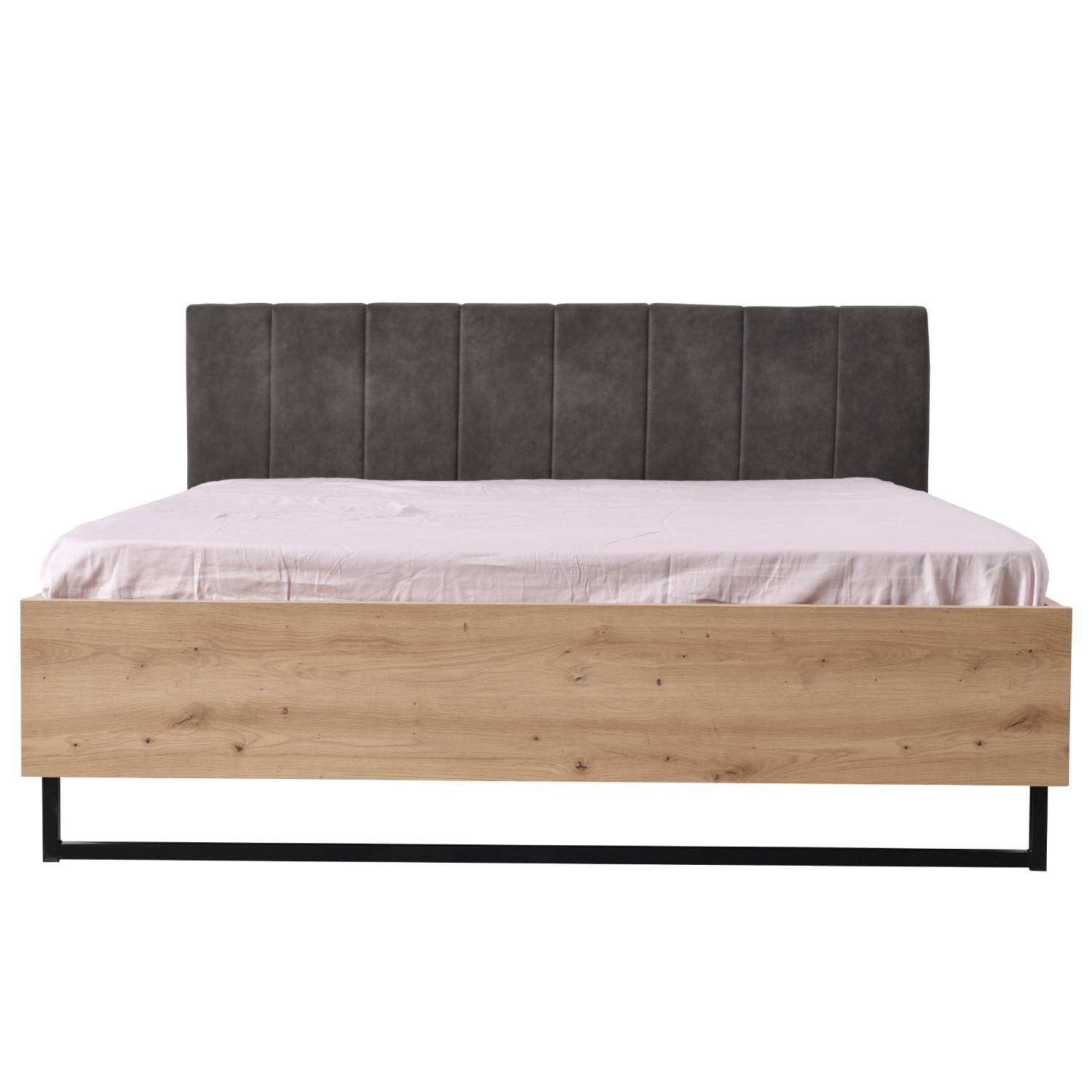 Wooden bed with upholstered headboard 180x200 cm oak und grey | with slatted frame | double fabric bed | industrial style