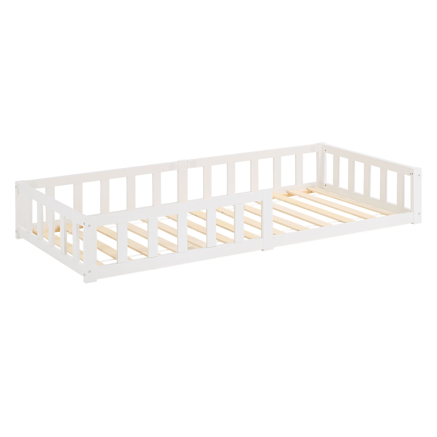 Montessori Crib 90x200 cm White, Includes Mattress & Slatted Base – Floor-Level Crib with Safety Rail Made of Solid Wood