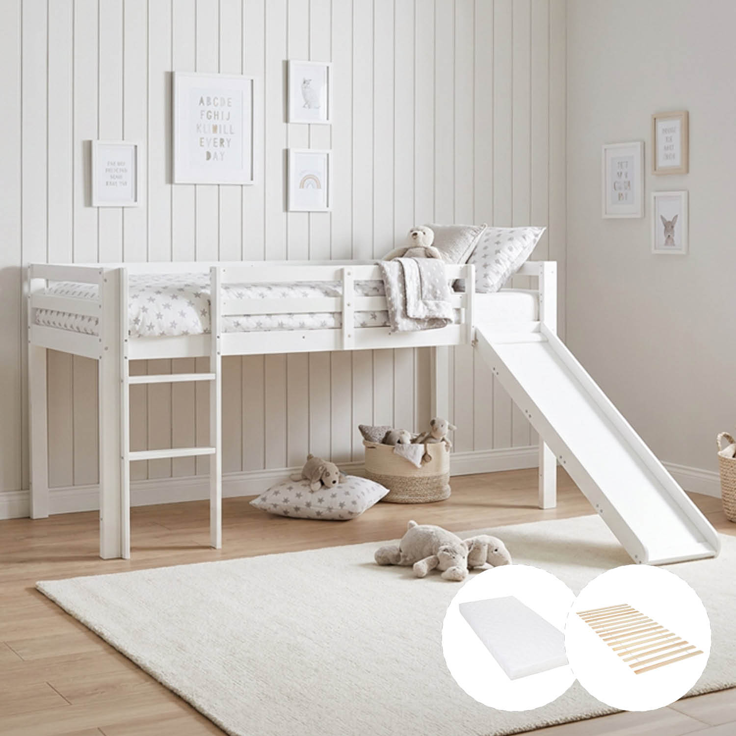 Loft Bed with Mattress, Slatted Base, and Slide – 90x200 cm – Children's Bed – White – Solid Wood