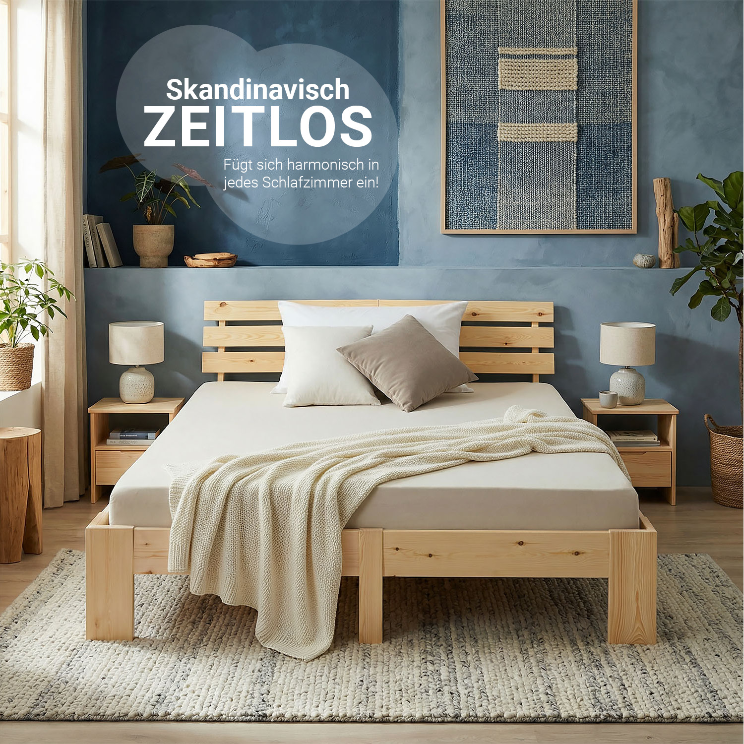 Wood Bed 160x200 cm Natural | Double Bed | with 2 Mattress | Solid | Kids Youth Guest Bedroom