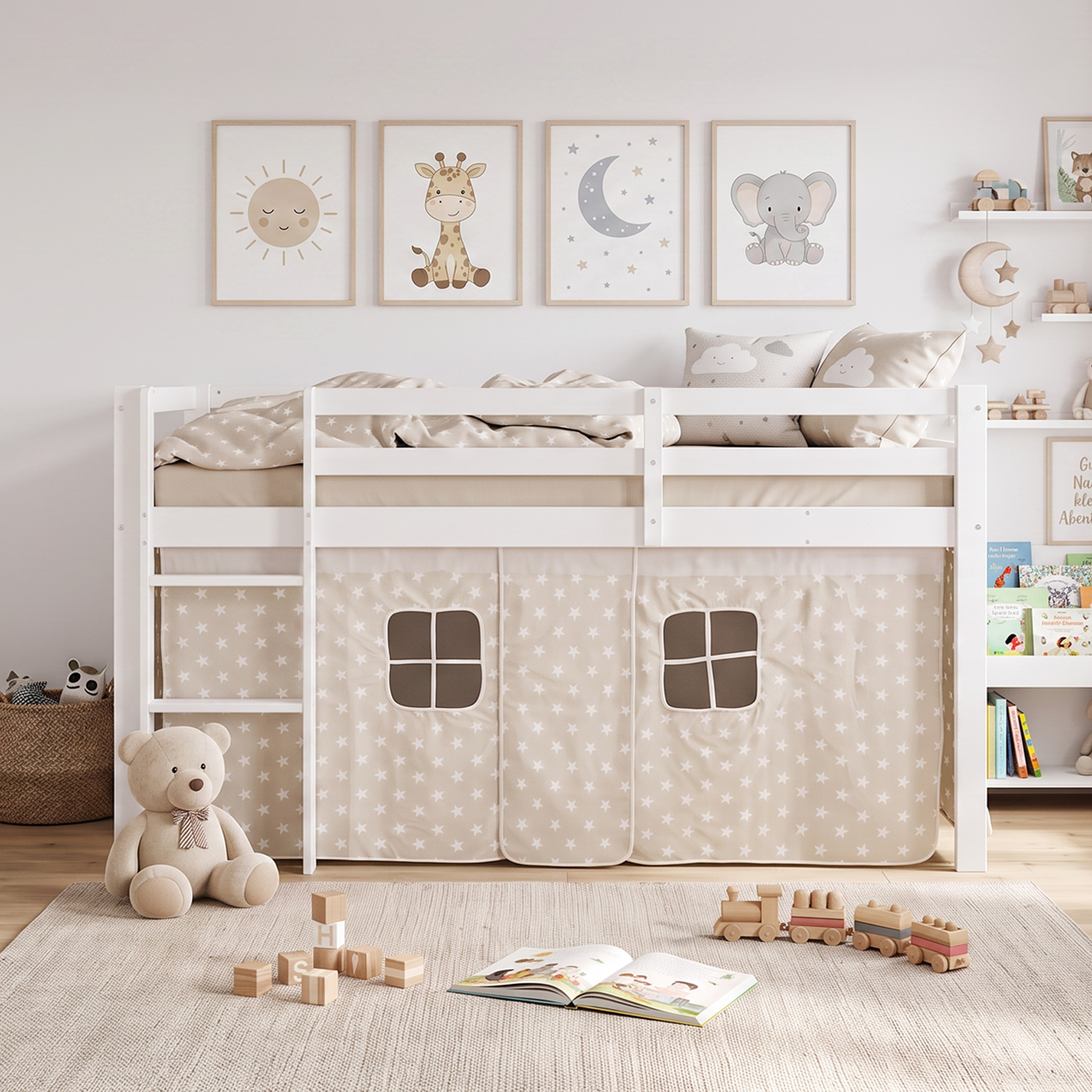 Children's Loft Bed 90x200 cm White with Star Curtain | Includes Slatted Base
