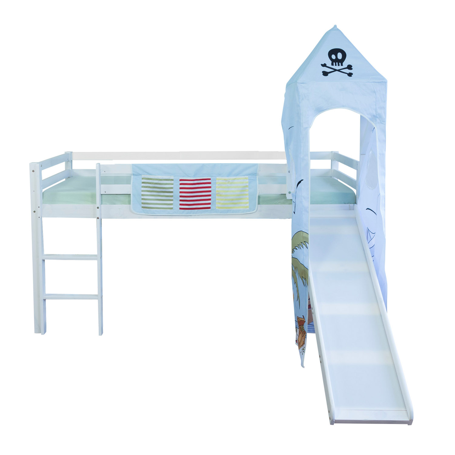 Loft Bed Play Bed Children 90x200 cm Bedstead Solid Wood Island Pirate with Ladder Slide Tower Curtain