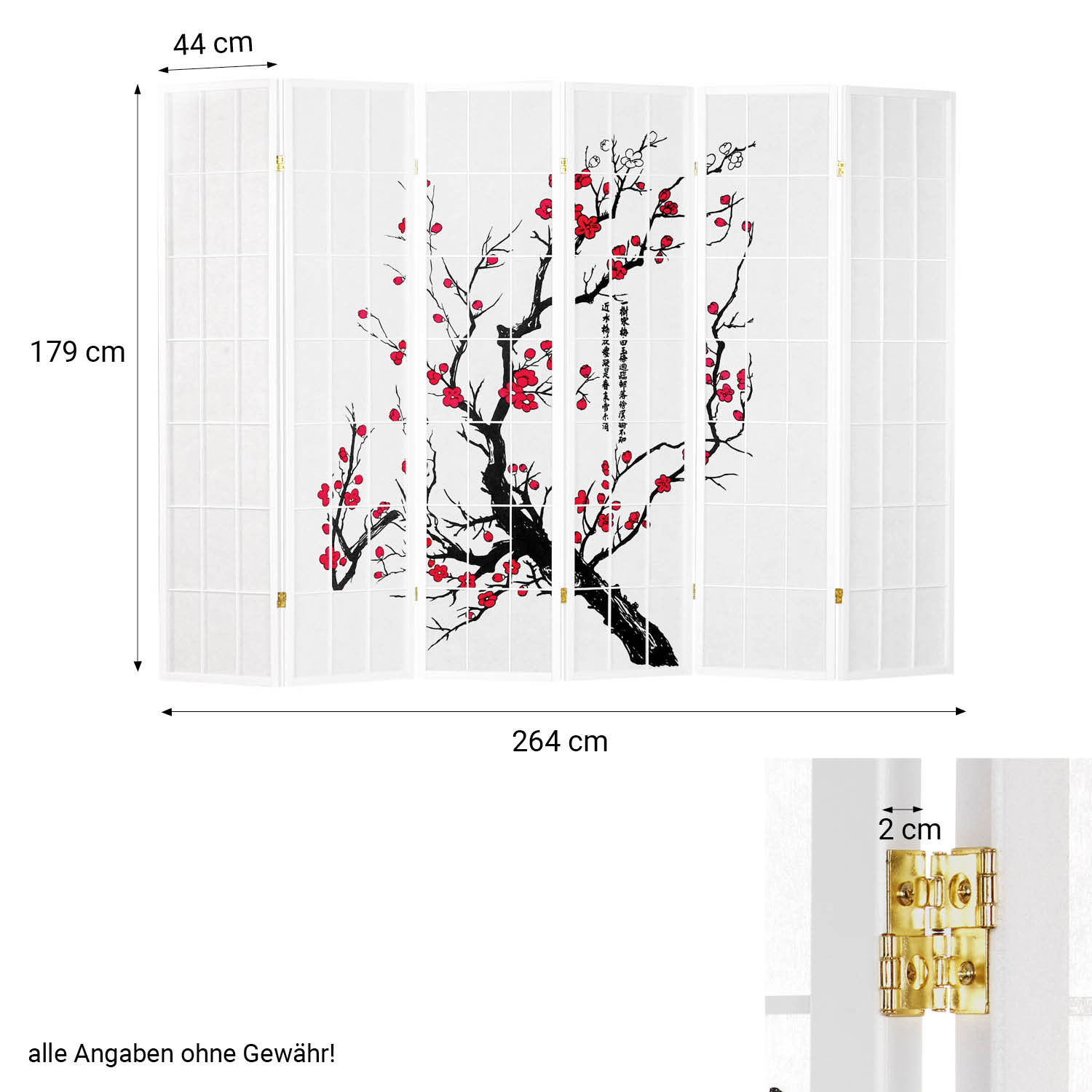 Screen room divider, 6 parts, wood rice paper white, cherry pattern, height 179 cm
