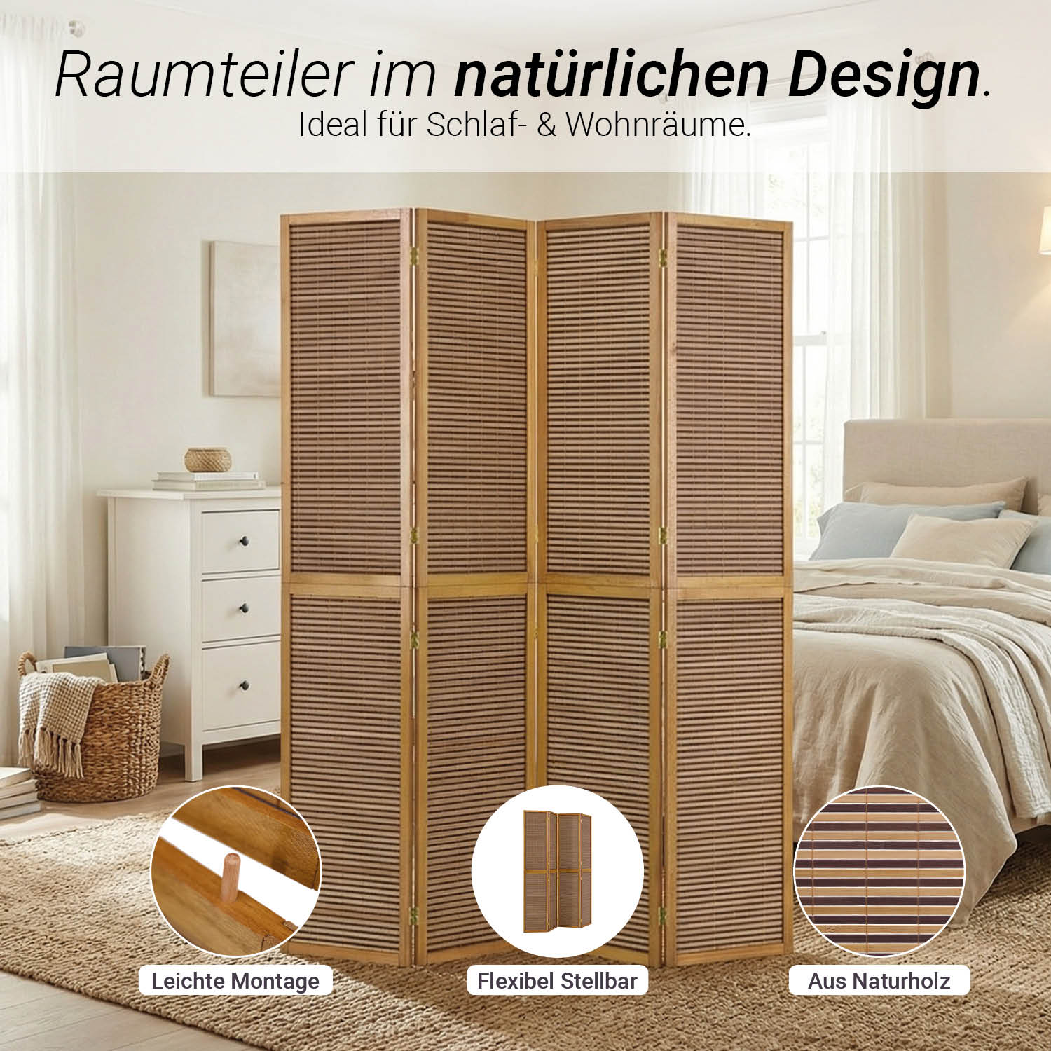 Paravent Brown Wooden Slats Height 200 cm | 4-panel | Wood | Room Divider Partition Privacy Screen