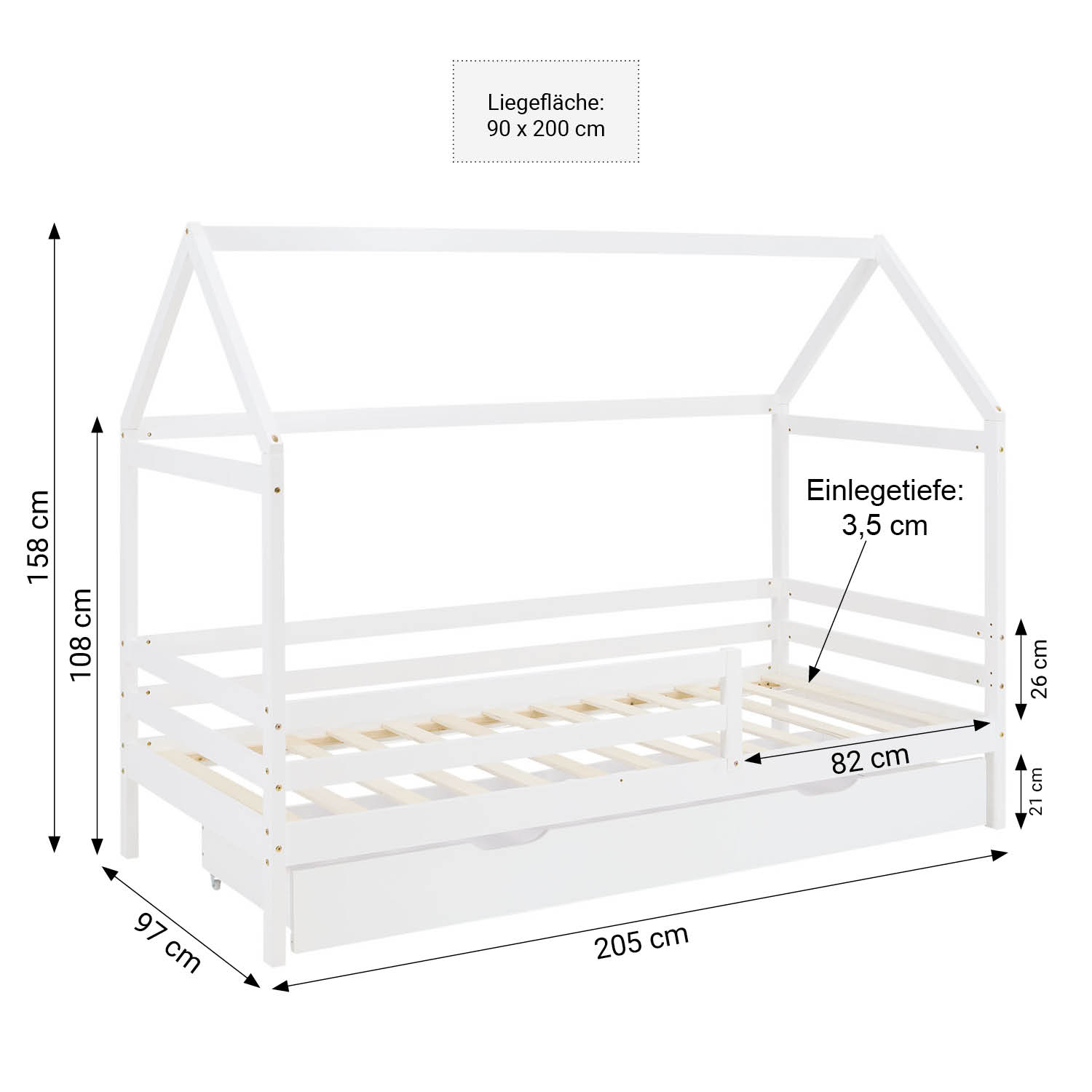 Children's Bed 90x200 cm White | House Bed with Fall Protection and Bed Drawer | Montessori | Single Bed | with Slatted Frame | Wood