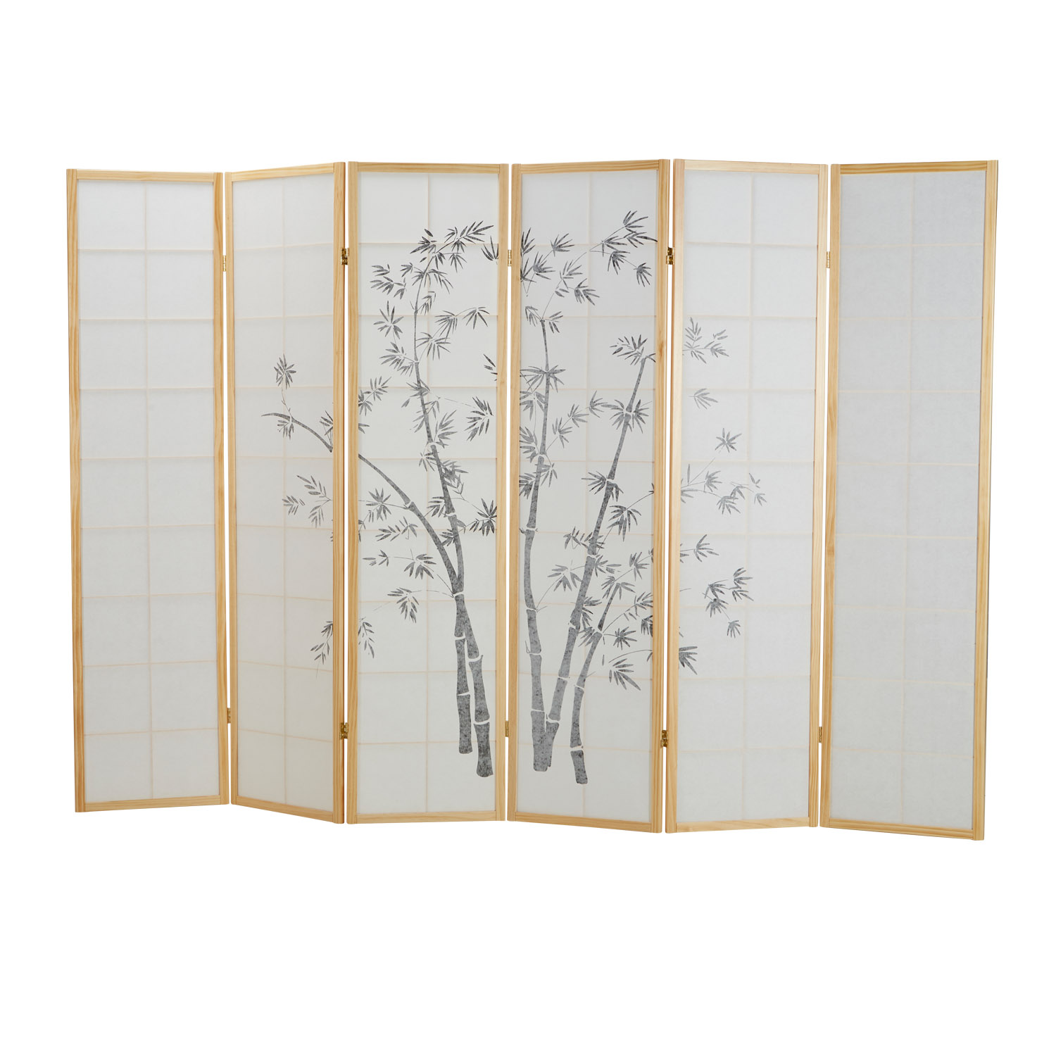 Paravent room divider 6 pieces, wood natural, rice paper white, bamboo pattern, height 179 cm	