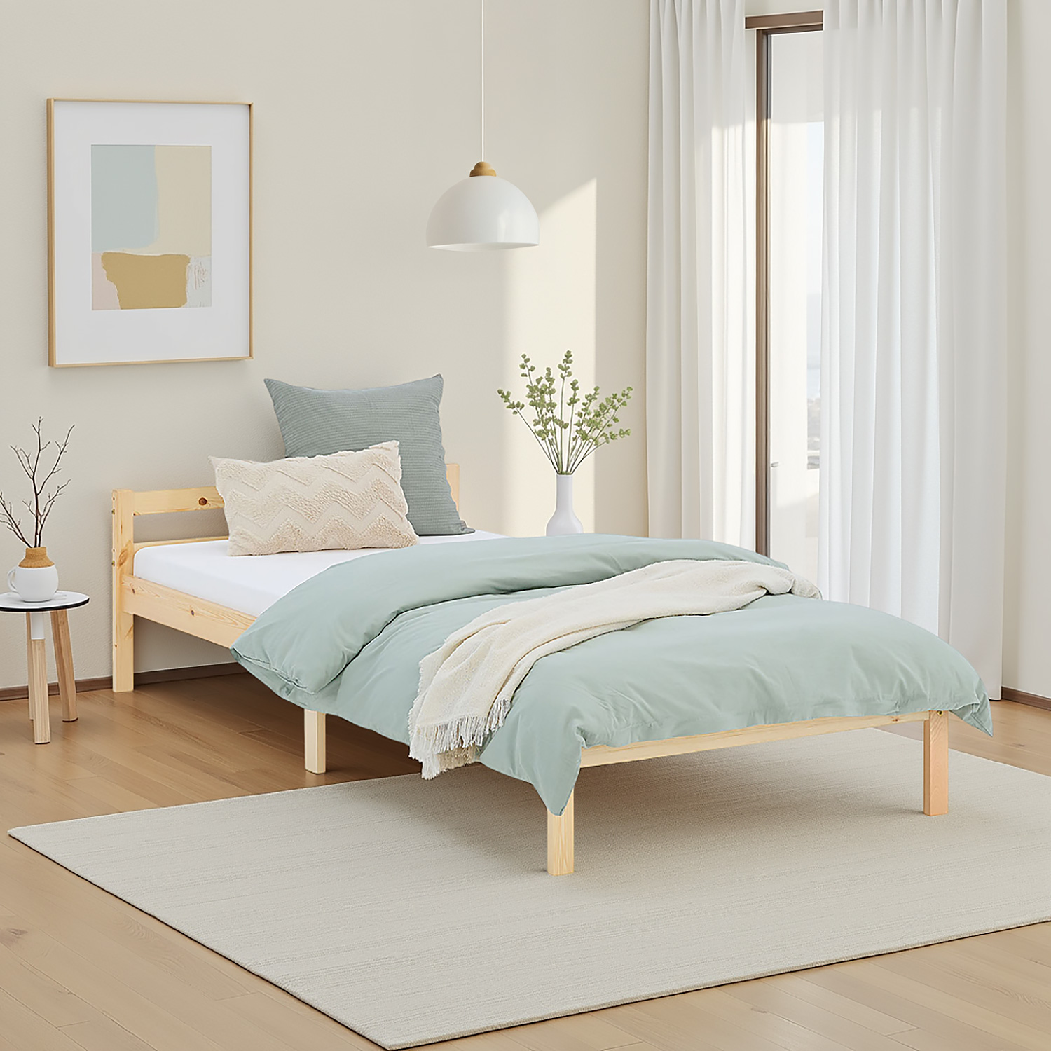 Wood Bed 90x200 cm Natural | Single Bed | with Slatted Frame | Kids Youth Guest Bedroom