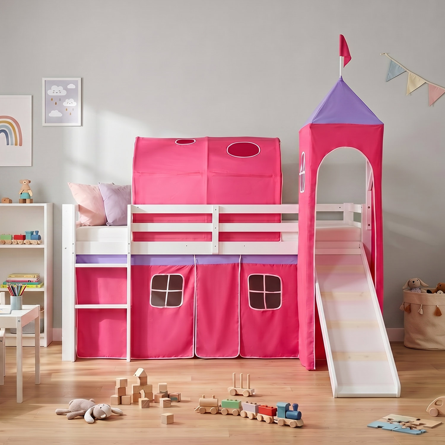 Children's Loft Bed 90x200 cm, White, with Slide, Tower, Tunnel, and Curtain in Pink
