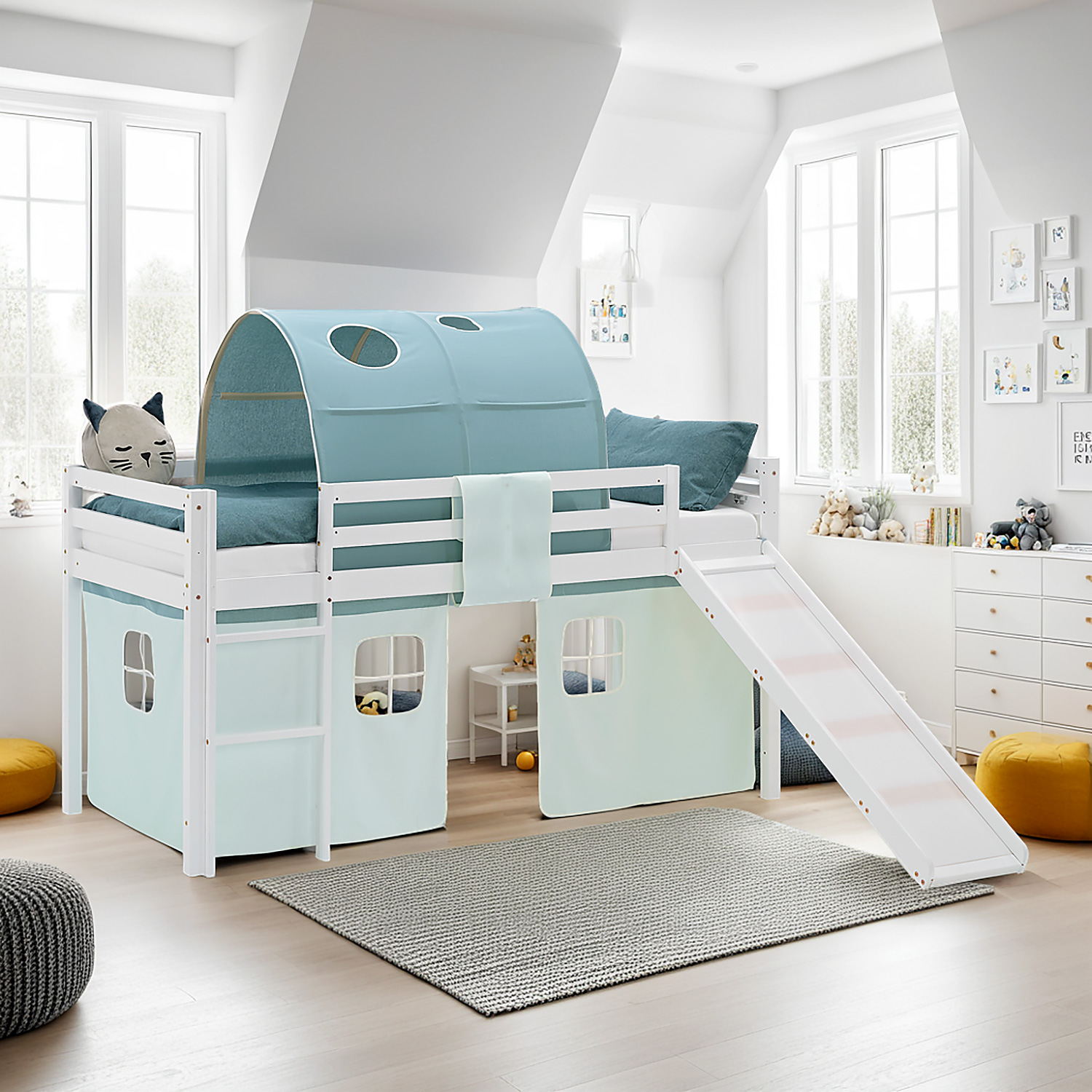 Loft Bed for Kids 90x200 cm White with Curtain & Tunnel in Mint Green | Slide | with Slatted Frame and Mattress