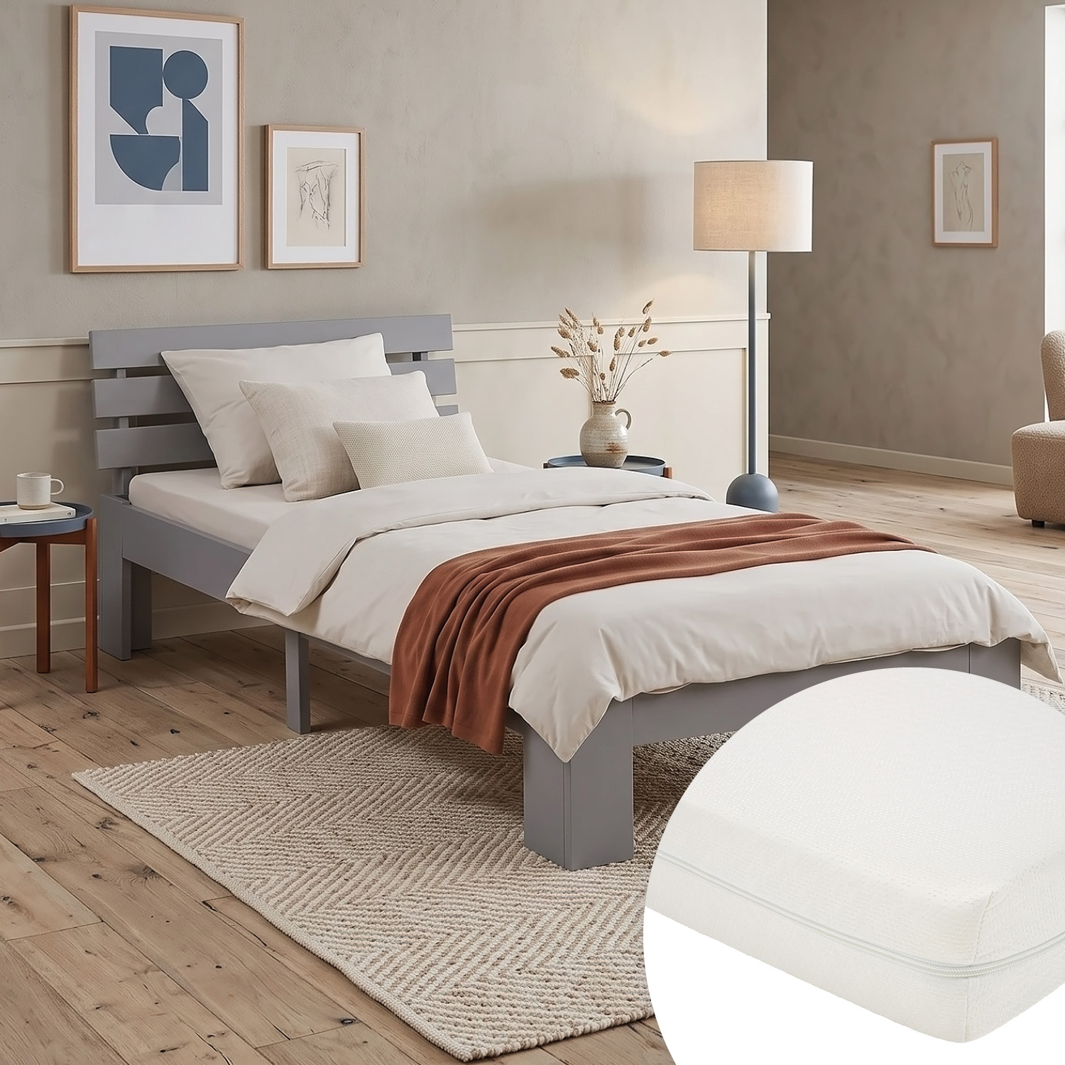Wood Bed 90x200 cm Grey | Single Bed | with Mattress | Solid | Kids Youth Guest Bedroom