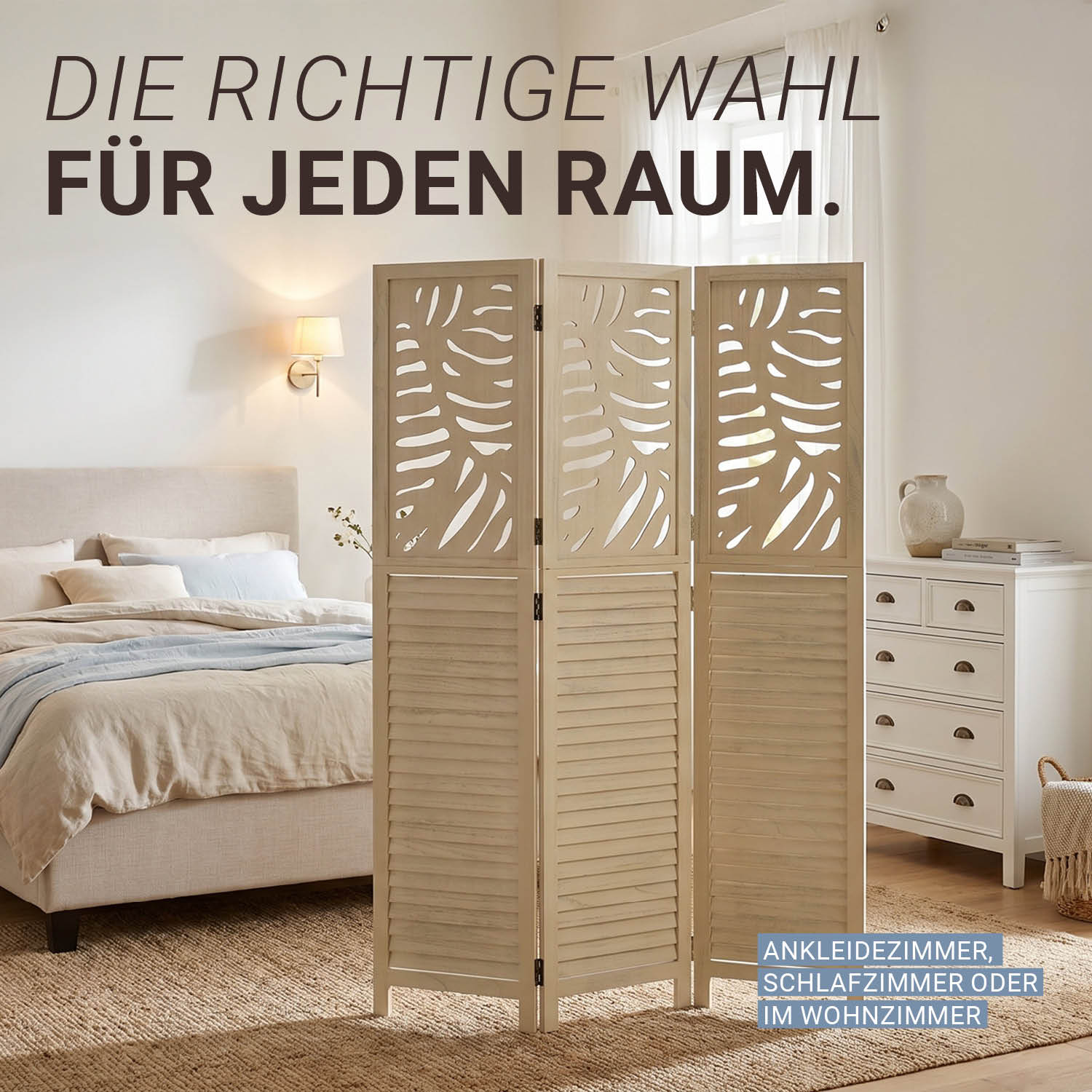 3-Panel "Natur" Folding Screen – Wooden Room Divider with Rattan Look & Pattern