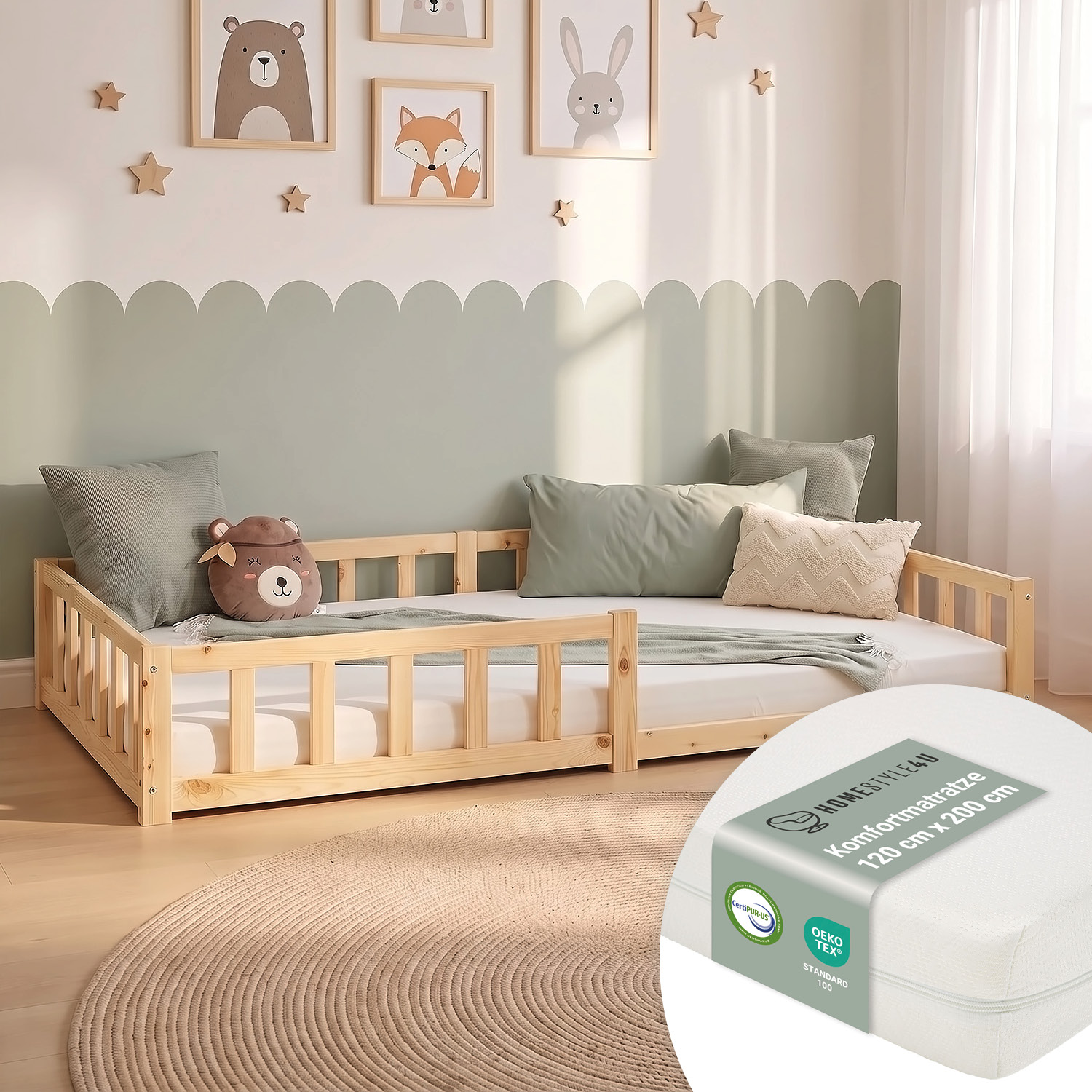 Montessori Crib 120x200 cm Natural, Includes Mattress & Slatted Base – Floor-Level Crib with Safety Rails Made of Solid Wood