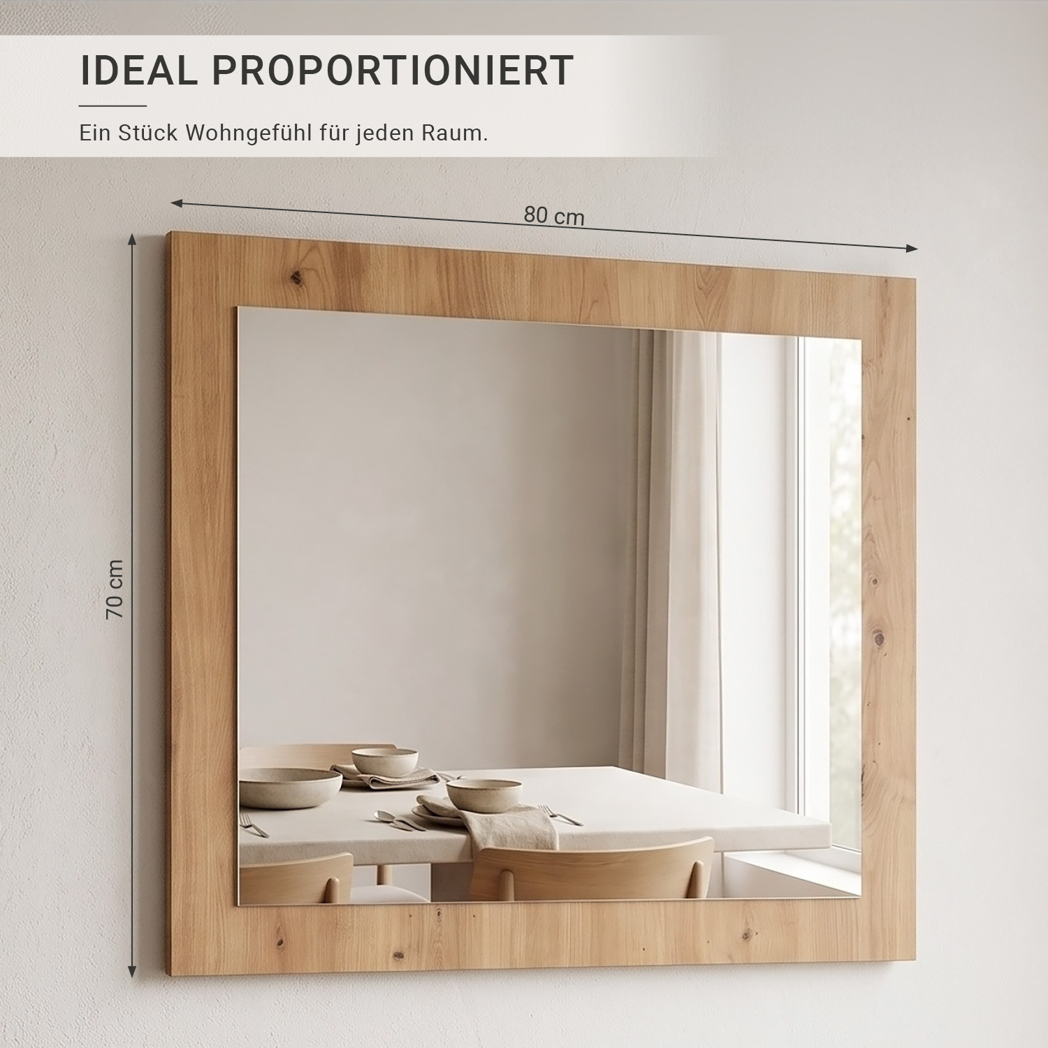 Large Rectangular Wall Mirror 80x70 cm Oak Effect Wooden Frame Artisan Oak Hallway Bedroom Living Room Mirror