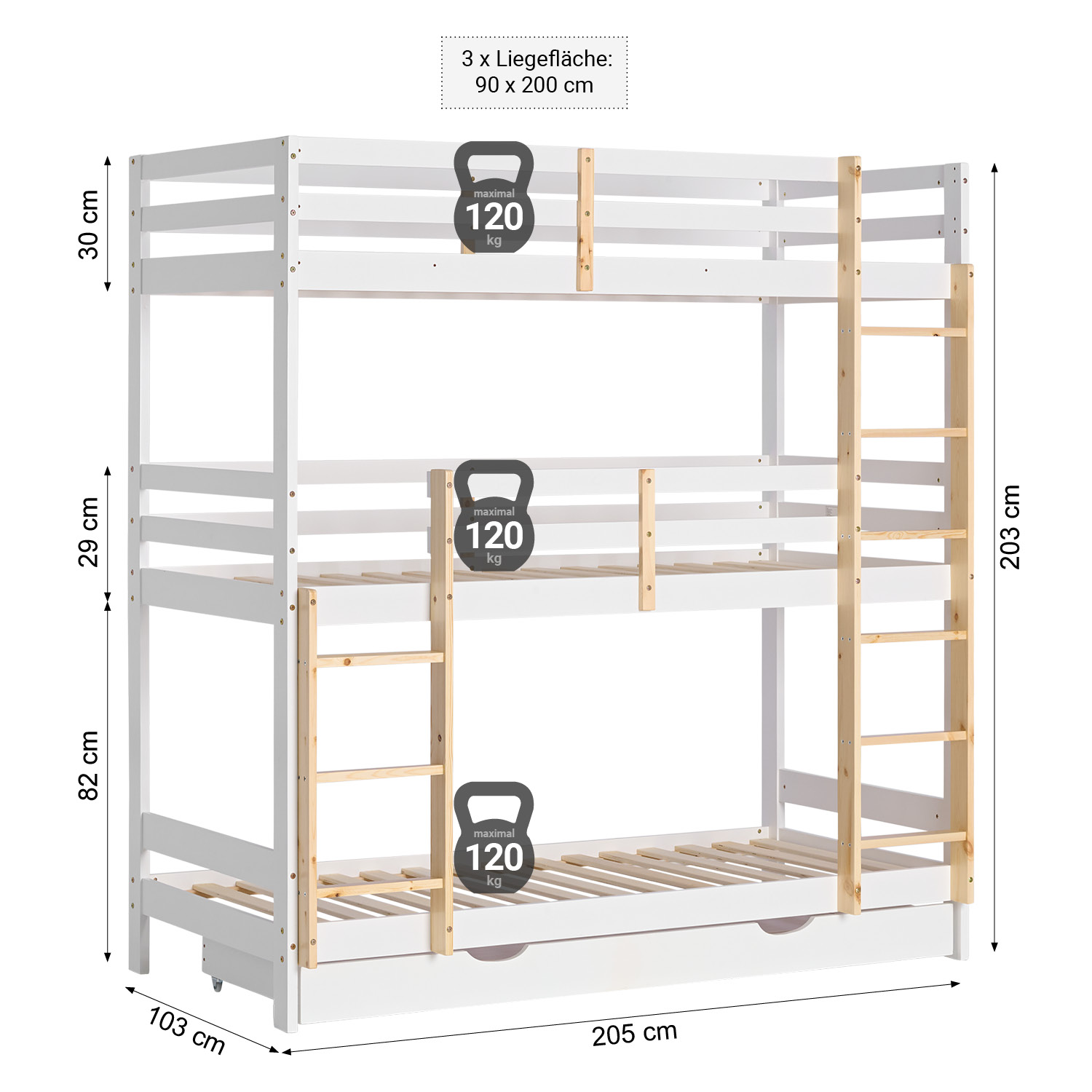 Bunk Bed 3 Levels 90x200 cm White | Ladders Natural | with Bed Drawer | with Slatted Frame