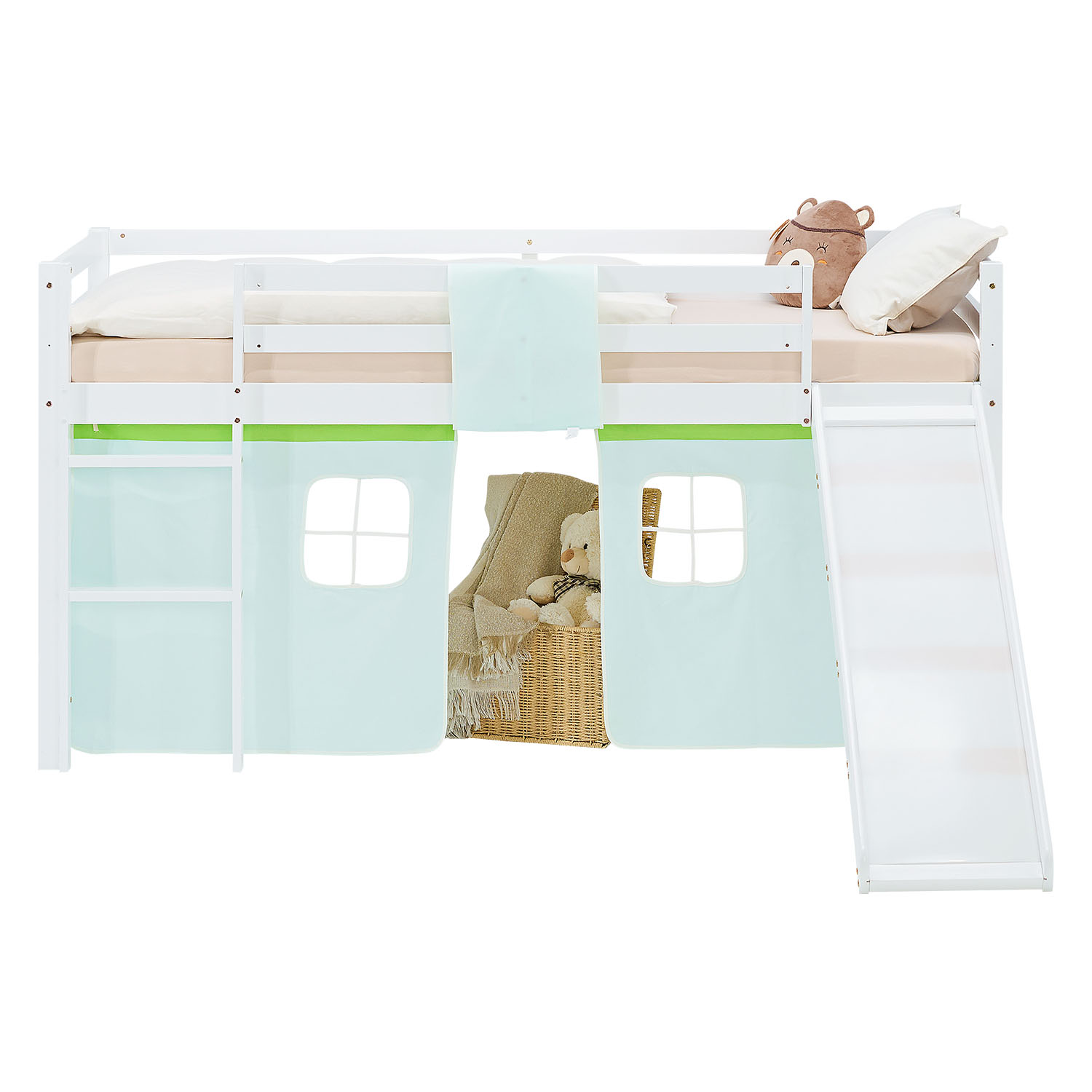 Loft Bed for Kids 90x200 cm White with Curtain in Green | Slide | with Slatted Frame and Mattress