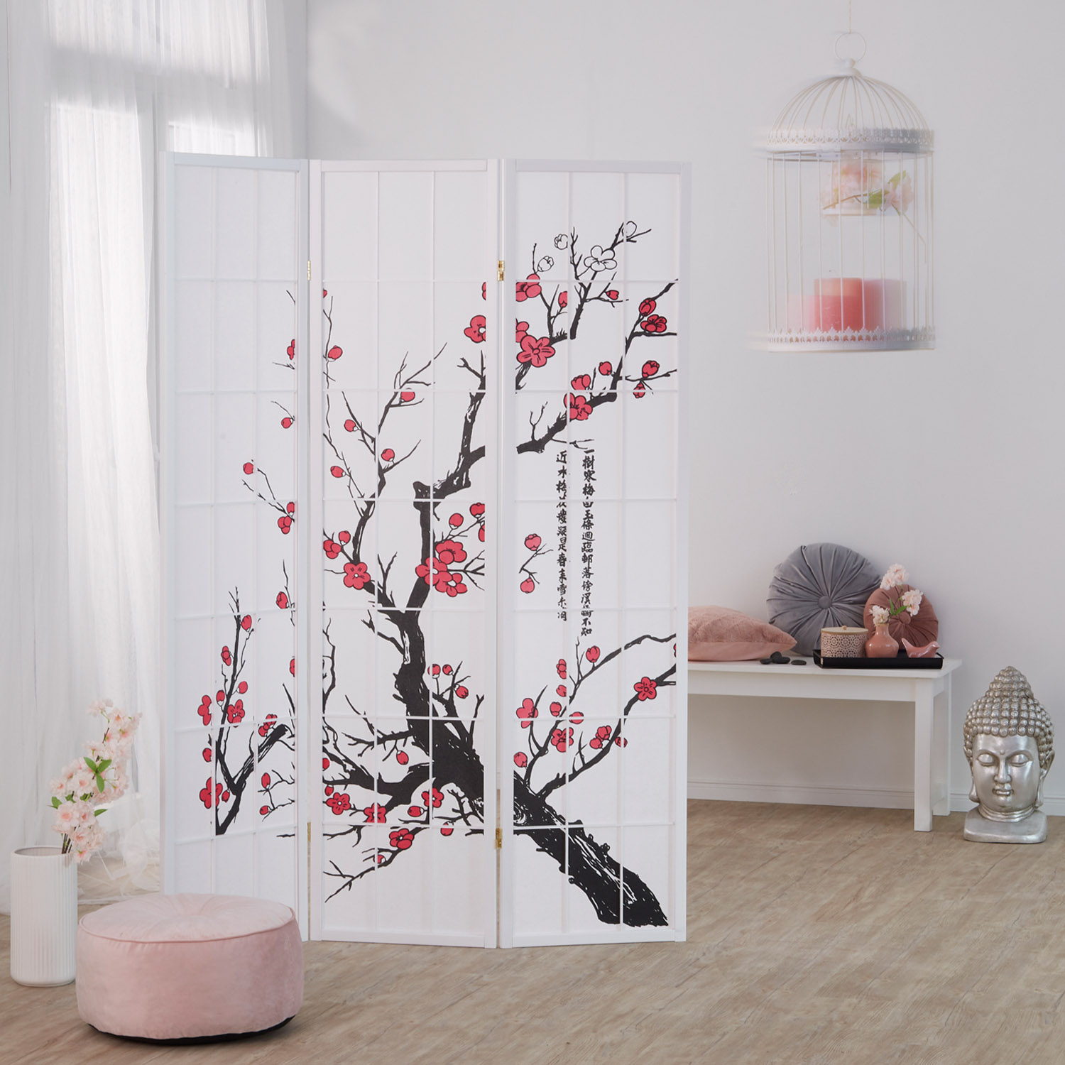 Paravent room divider 3 4 5 6 parts, wood white, rice paper, cherry pattern