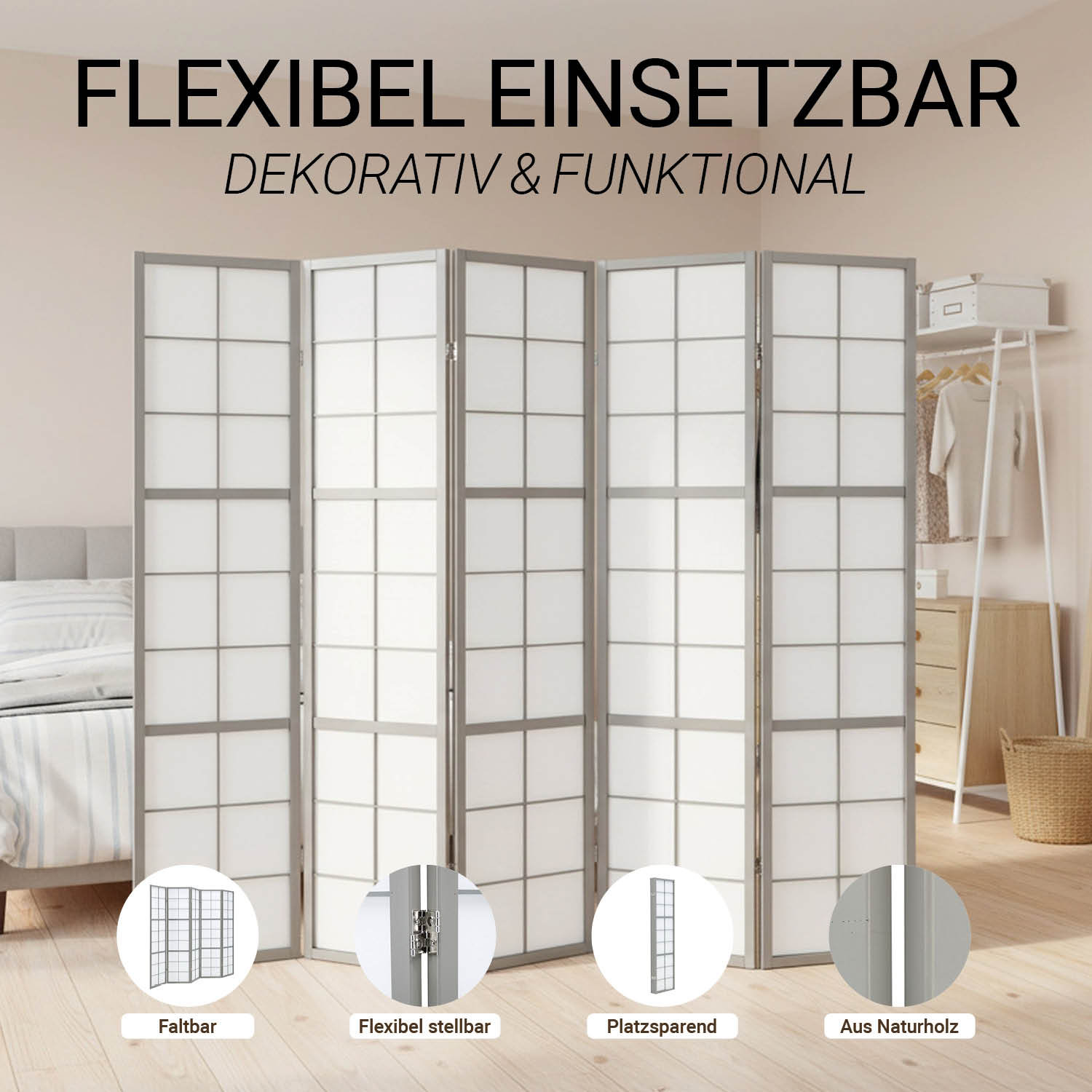 Paravent Grey Shoji | 5-panel | Wood | Room Divider | Partition Privacy Screen
