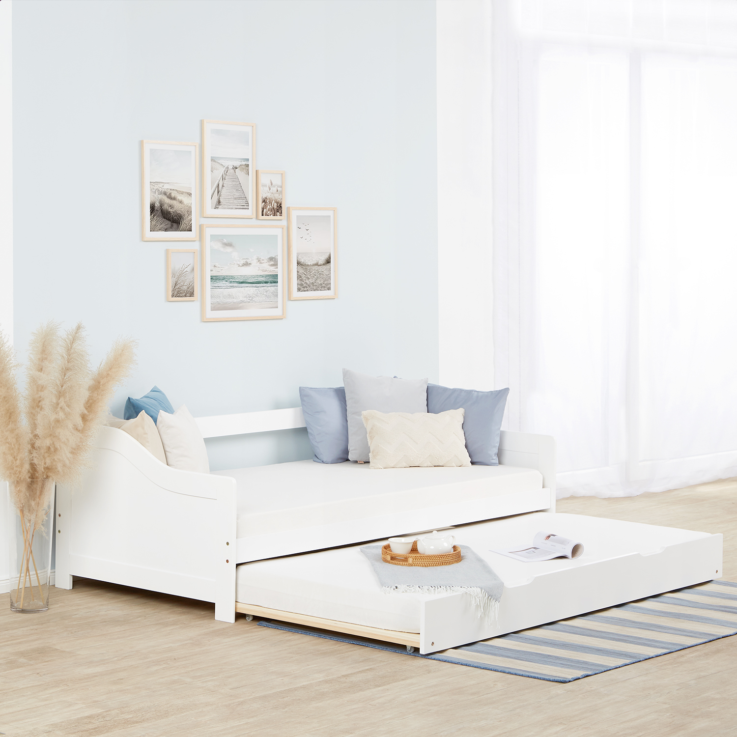 Wooden Bed 90x200 cm White | Extends to a Double Bed | Bunk Bed | With Slatted Base | Pull-Out Bed, Functional Bed, Duo Bed