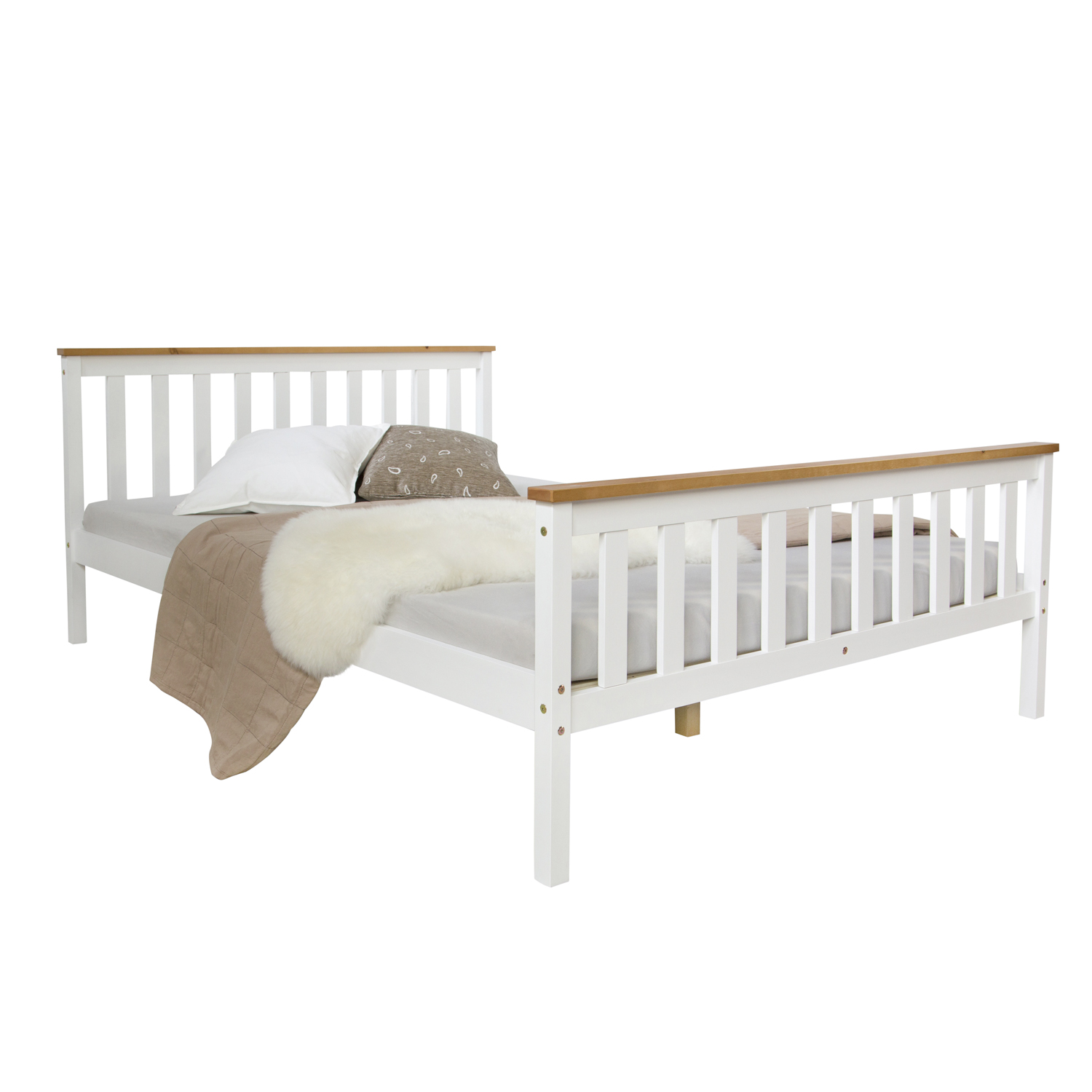 Wood Bed 140x200 cm White Natural | Double Bed | with Slatted Frame | Scandinavian Style | Kids Youth Guest Bedroom