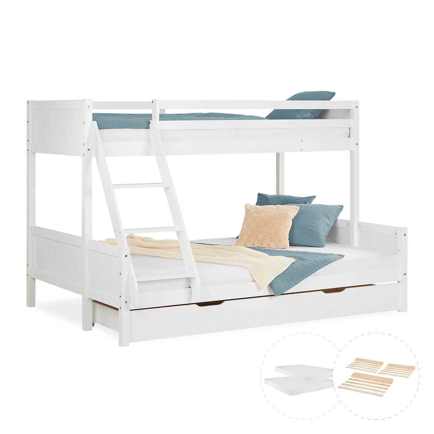 Bunk Bed with 2 Mattresses Kids Bed 90x200 and 140x200 cm White Wood Cabin Bed High Sleeper Bed Loft Bed Childrens Bed Twin Bed Drawer