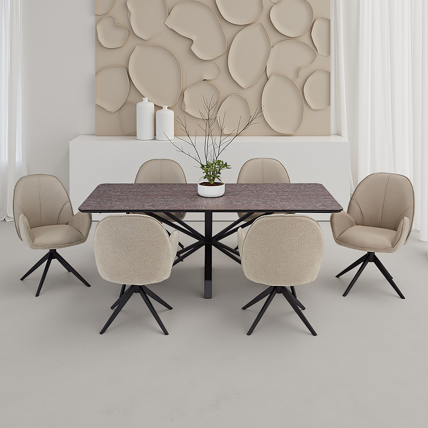 Dining set | 6-piece set upholstered chairs beige bouclé Leder with armrest | swivel | dining table brown metal frame 200 x 100 cm